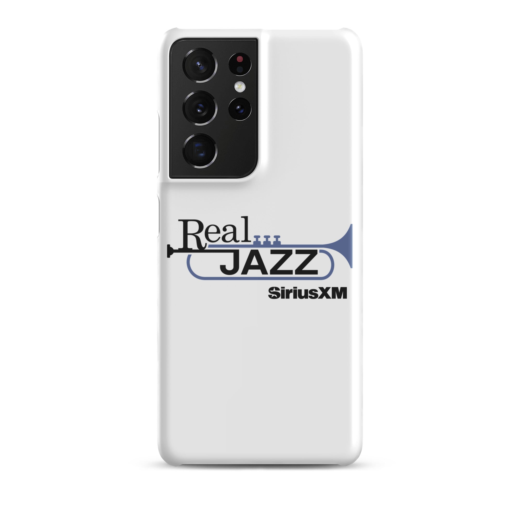 White phone case featuring 'Real Jazz' logo with trumpet and 'SiriusXM' text.