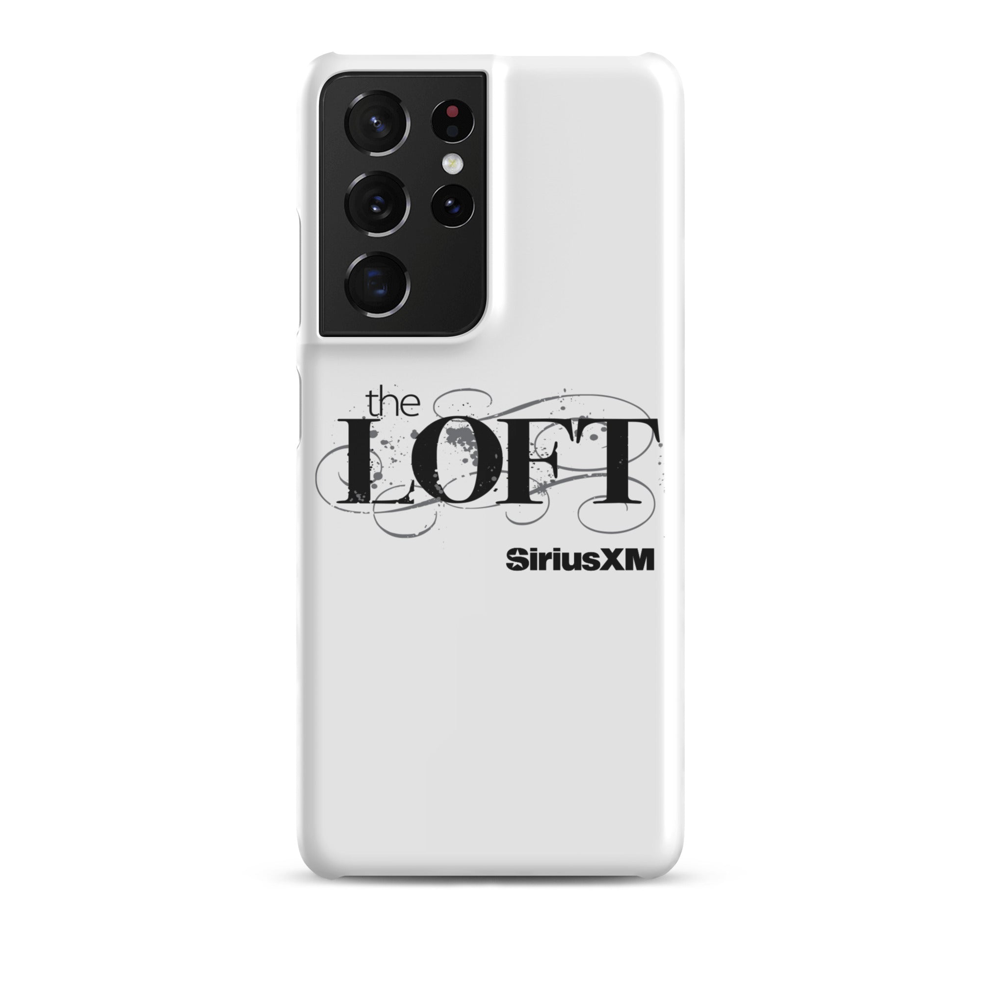 Phone case featuring 'the LOFT' and 'SiriusXM' logos on a white background.