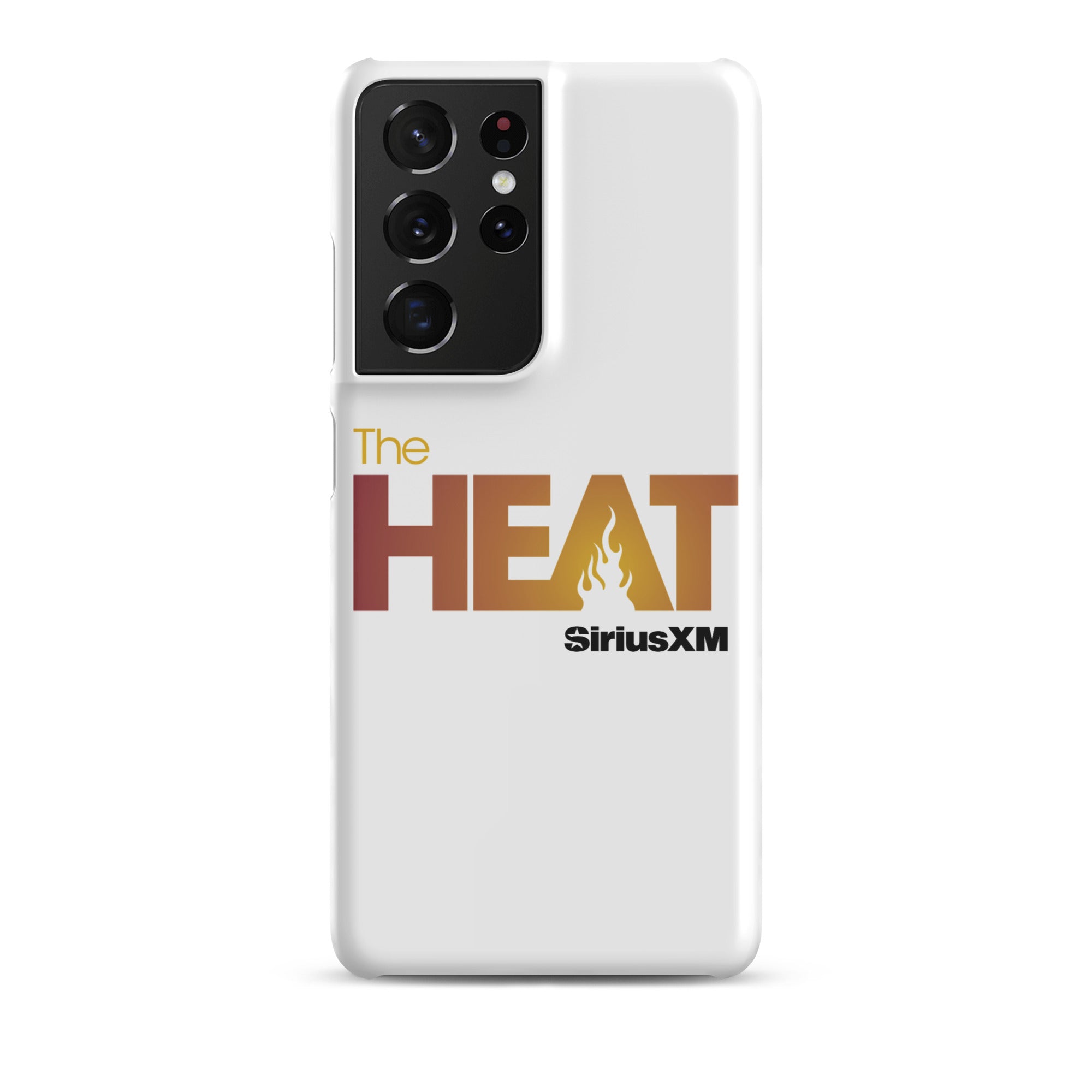 White phone case featuring 'The HEAT' logo with a flame design in orange and red hues and 'SiriusXM' branding.