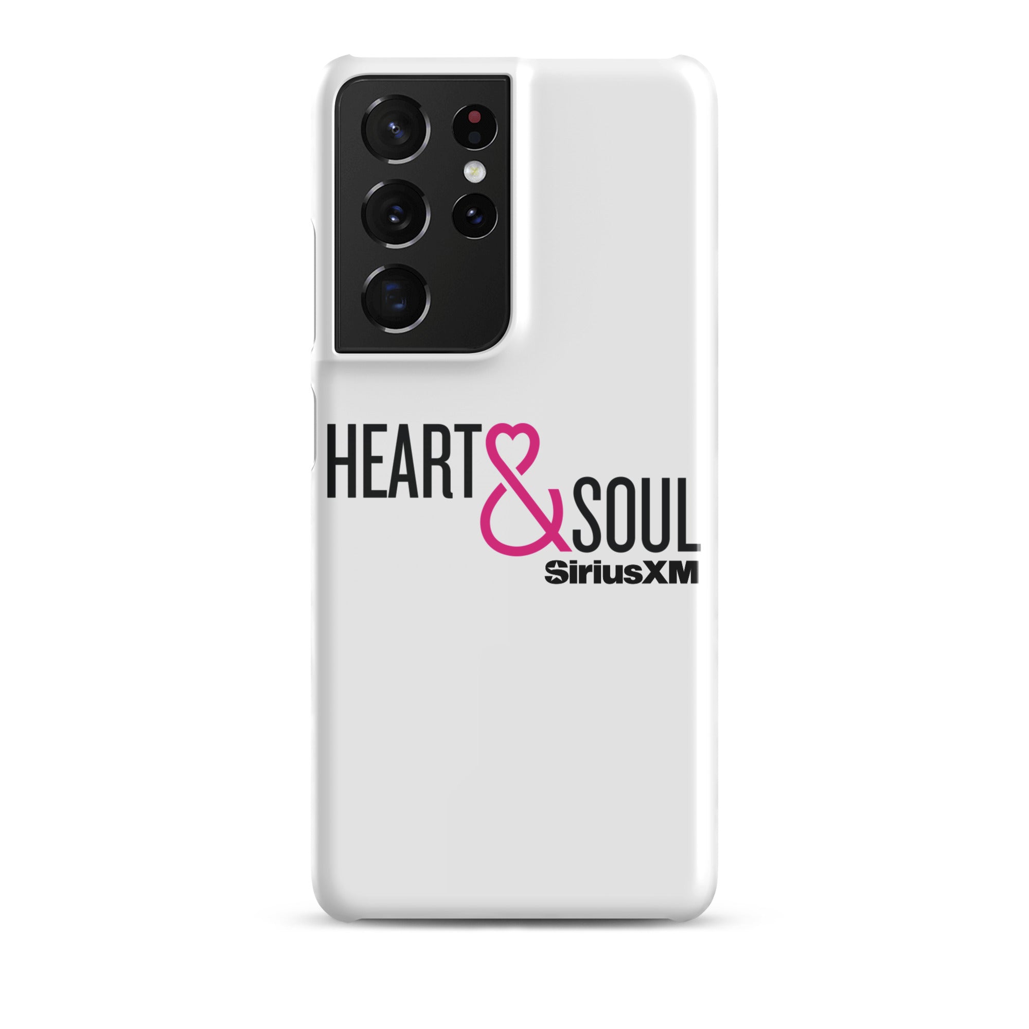 White phone case featuring 'HEART & SOUL' in black and pink text, with 'SiriusXM' logo.