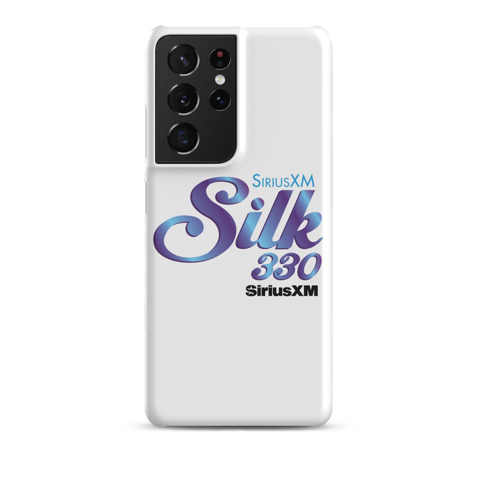 White phone case featuring 'SiriusXM Silk 330' logo in purple and 'SiriusXM' branding in black text.