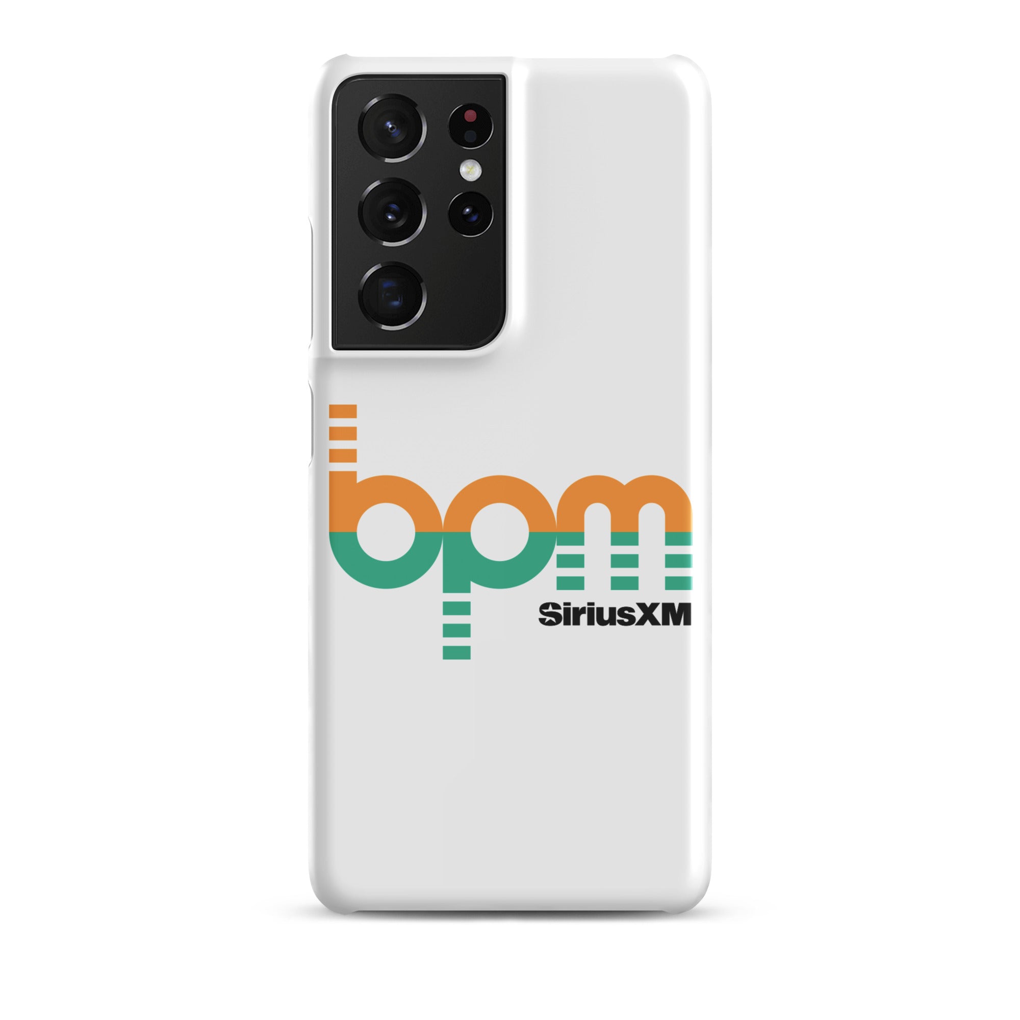 A white phone case featuring the 'BPM SiriusXM' logo in orange and green.