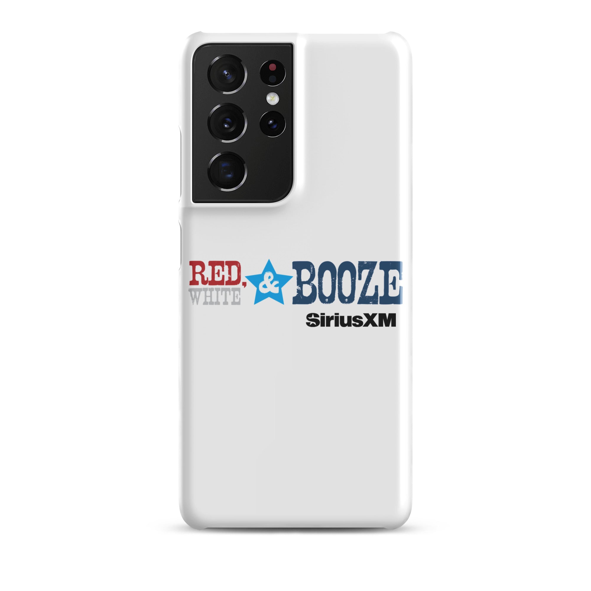 A white phone case featuring the logo 'RED, WHITE & BOOZE' along with 'SiriusXM' logo.