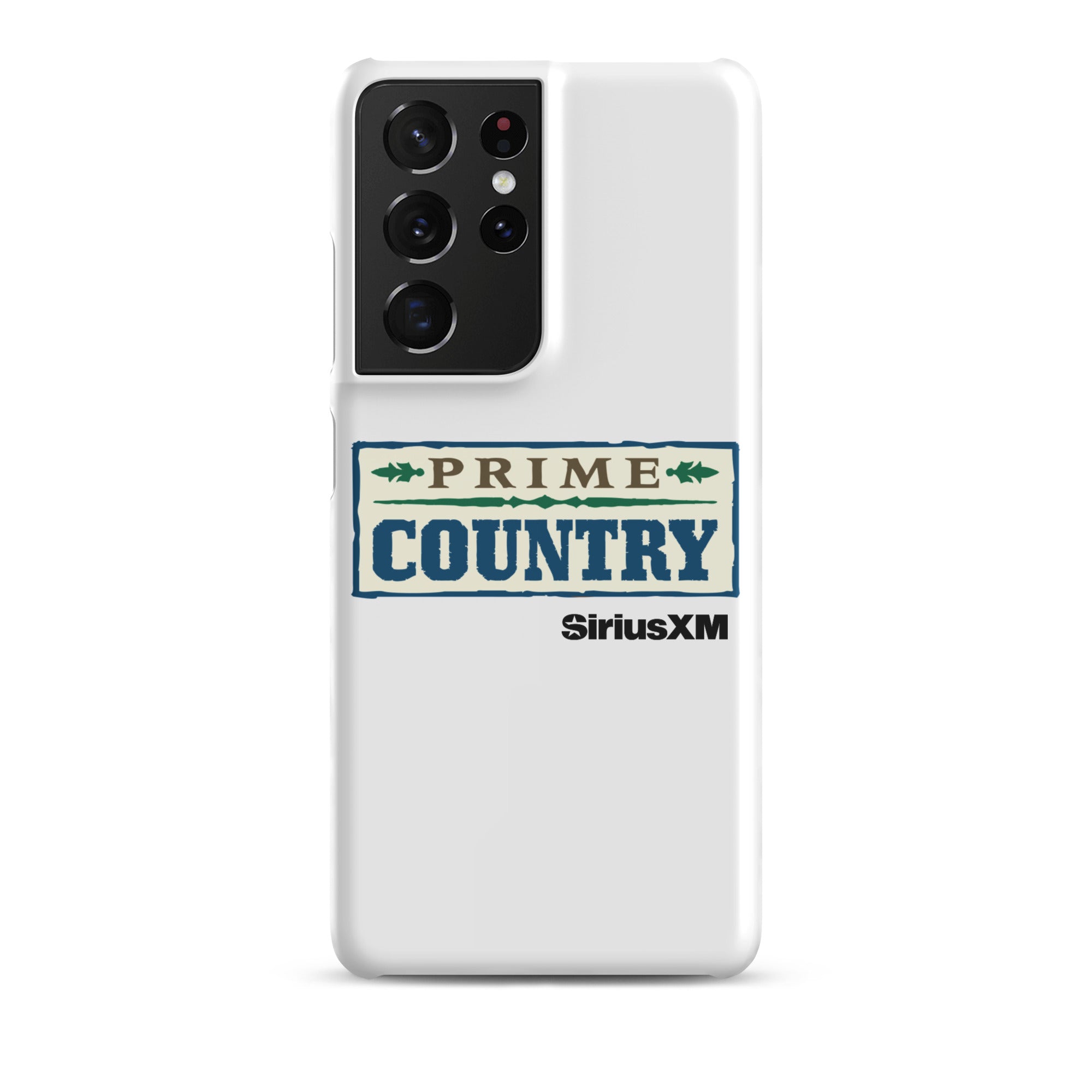 White phone case featuring the 'Prime Country' logo and 'SiriusXM' branding.