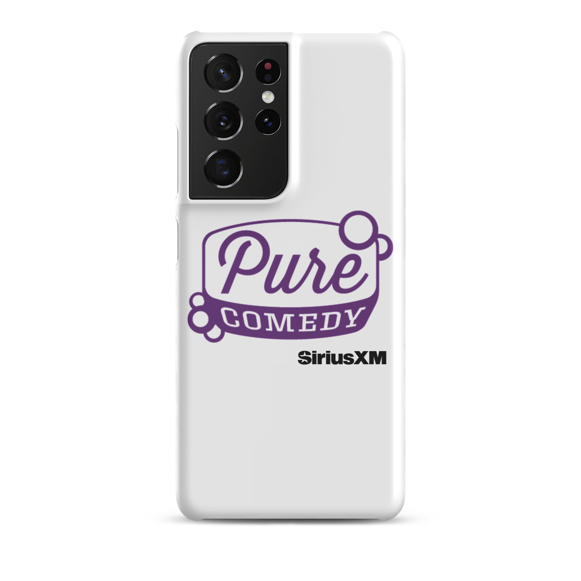 White phone case featuring 'Pure Comedy' in purple text and the 'SiriusXM' logo.