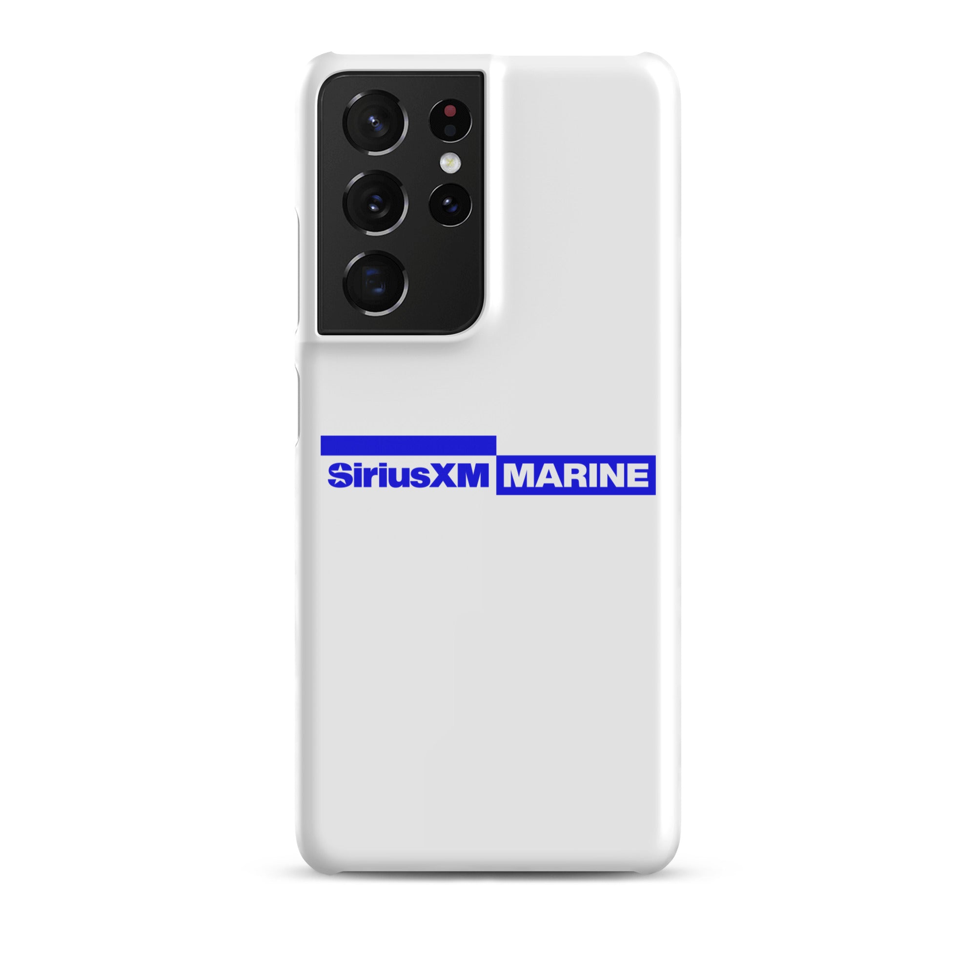 White phone case featuring the SiriusXM Marine logo in blue.