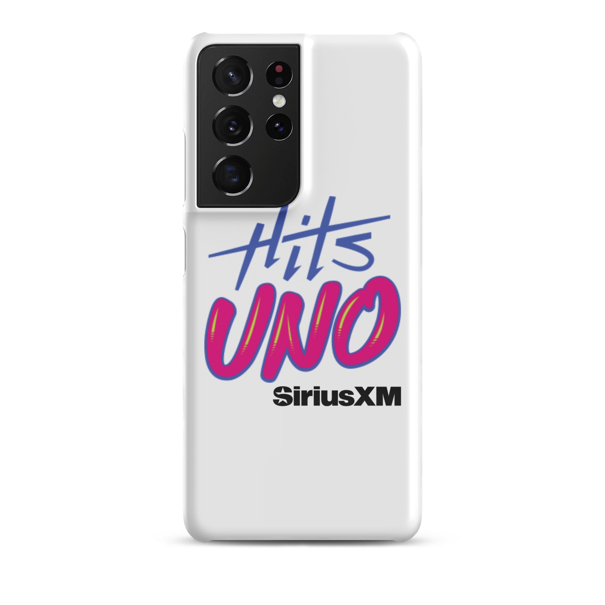 Phone case design featuring 'Hits UNO' and 'SiriusXM' in vibrant blue and pink colors on a white background.