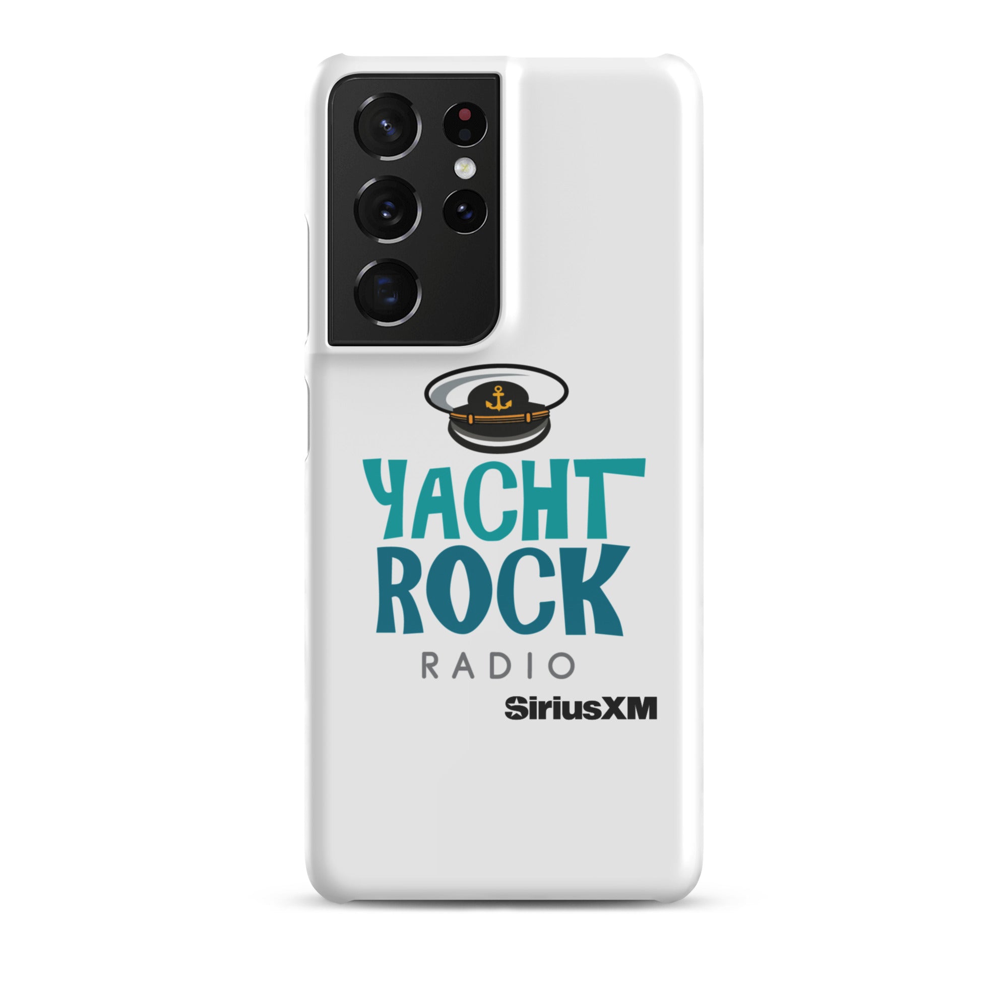 White phone case featuring 'Yacht Rock Radio' logo with a captain's hat and 'SiriusXM' branding.