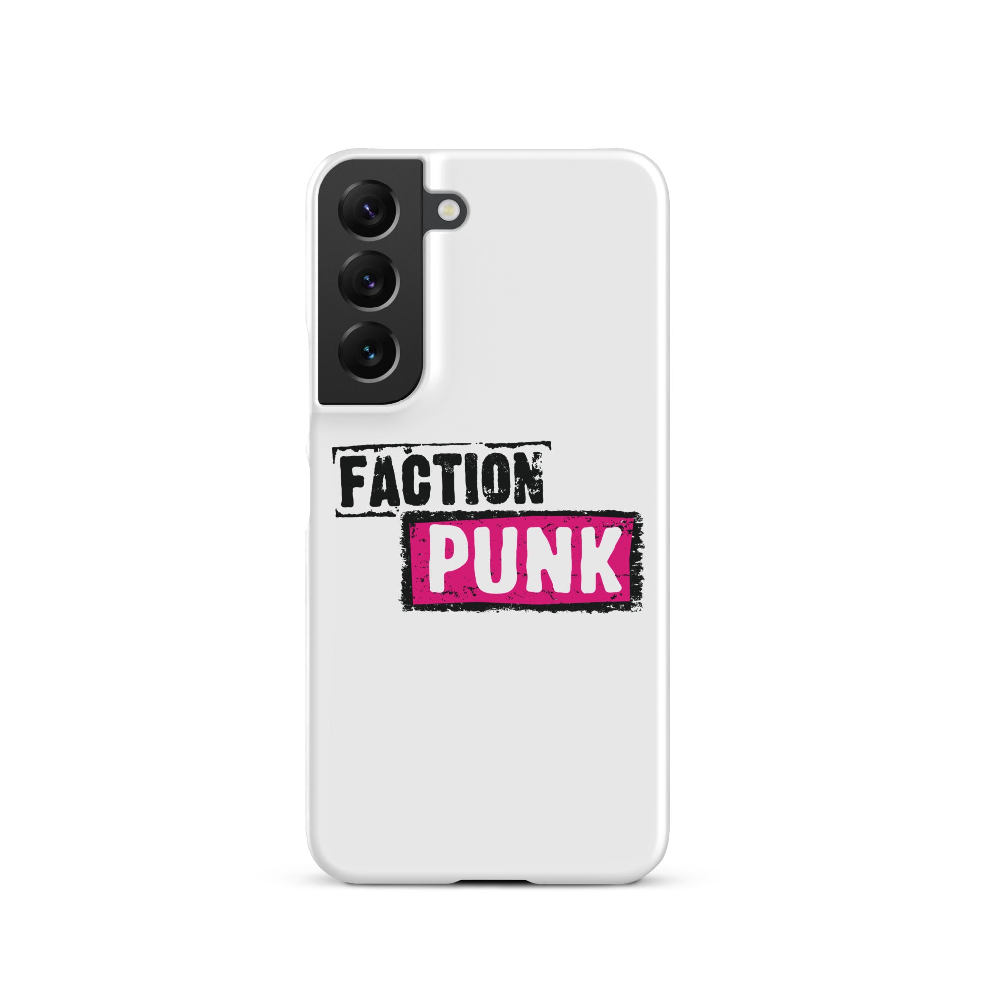 A white phone case with the words 'FACTION PUNK' in bold black and pink lettering.