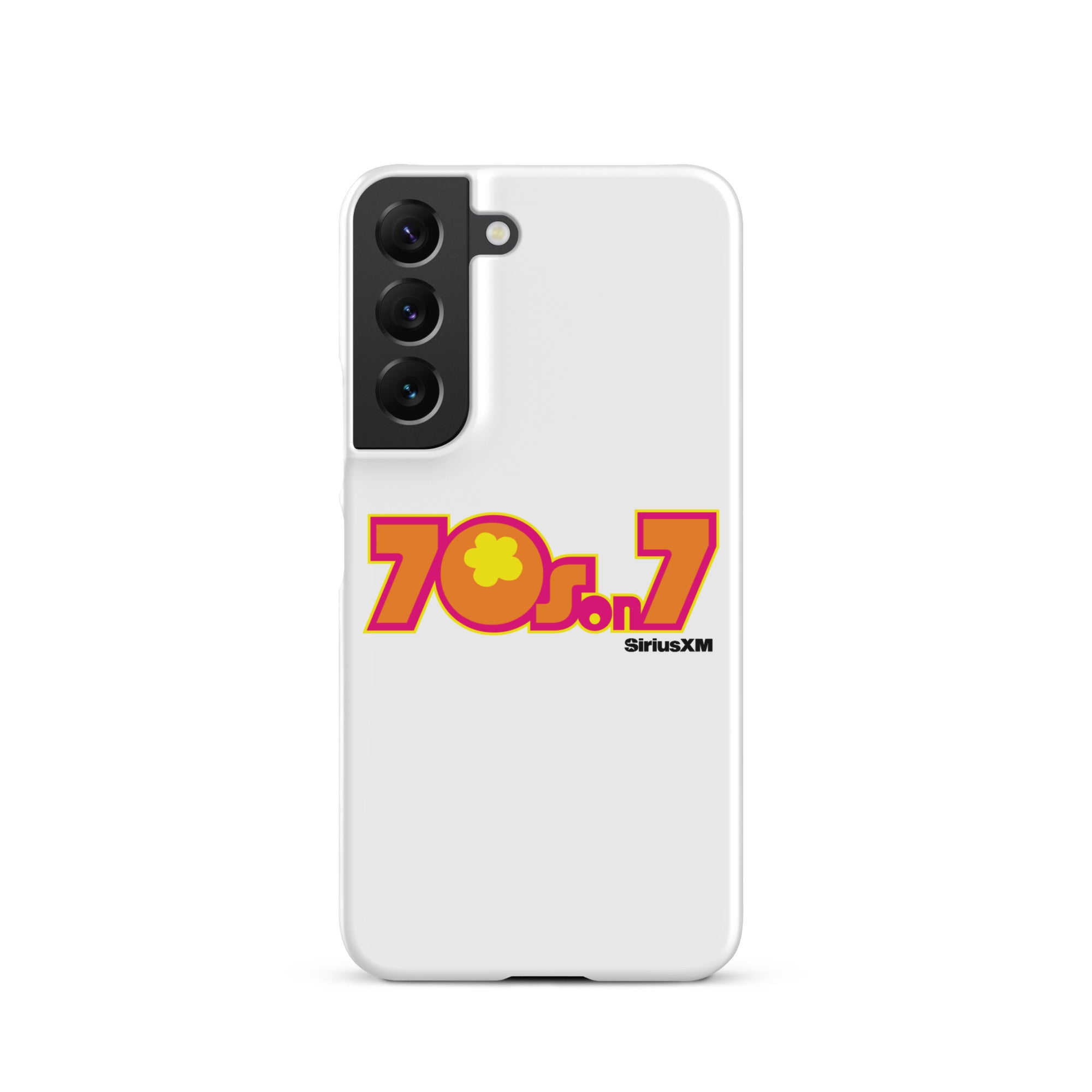 White phone case featuring '70s on 7' logo with colorful orange design and 'SiriusXM' branding.