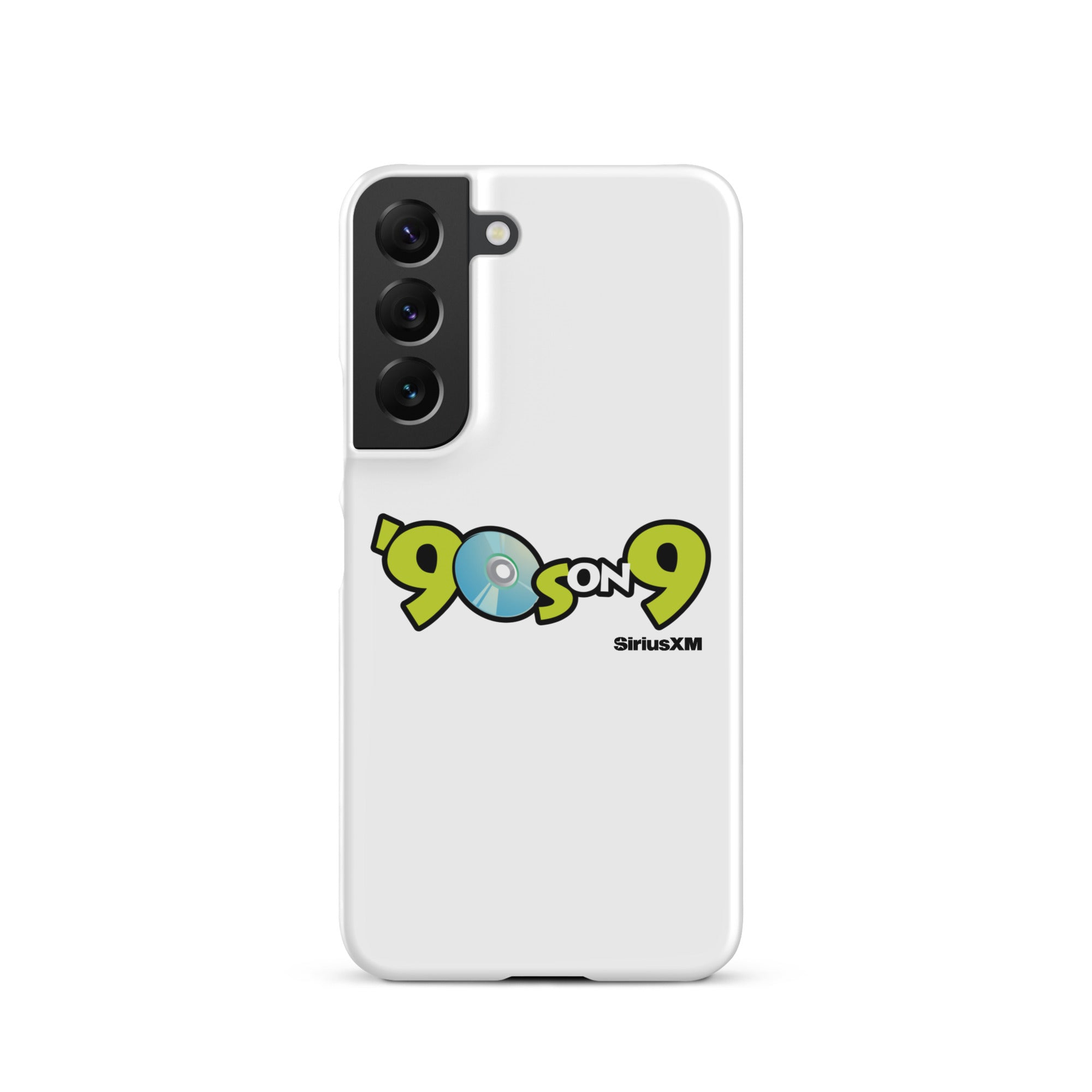 White phone case featuring the '90s on 9 SiriusXM' logo with a blue disc icon.