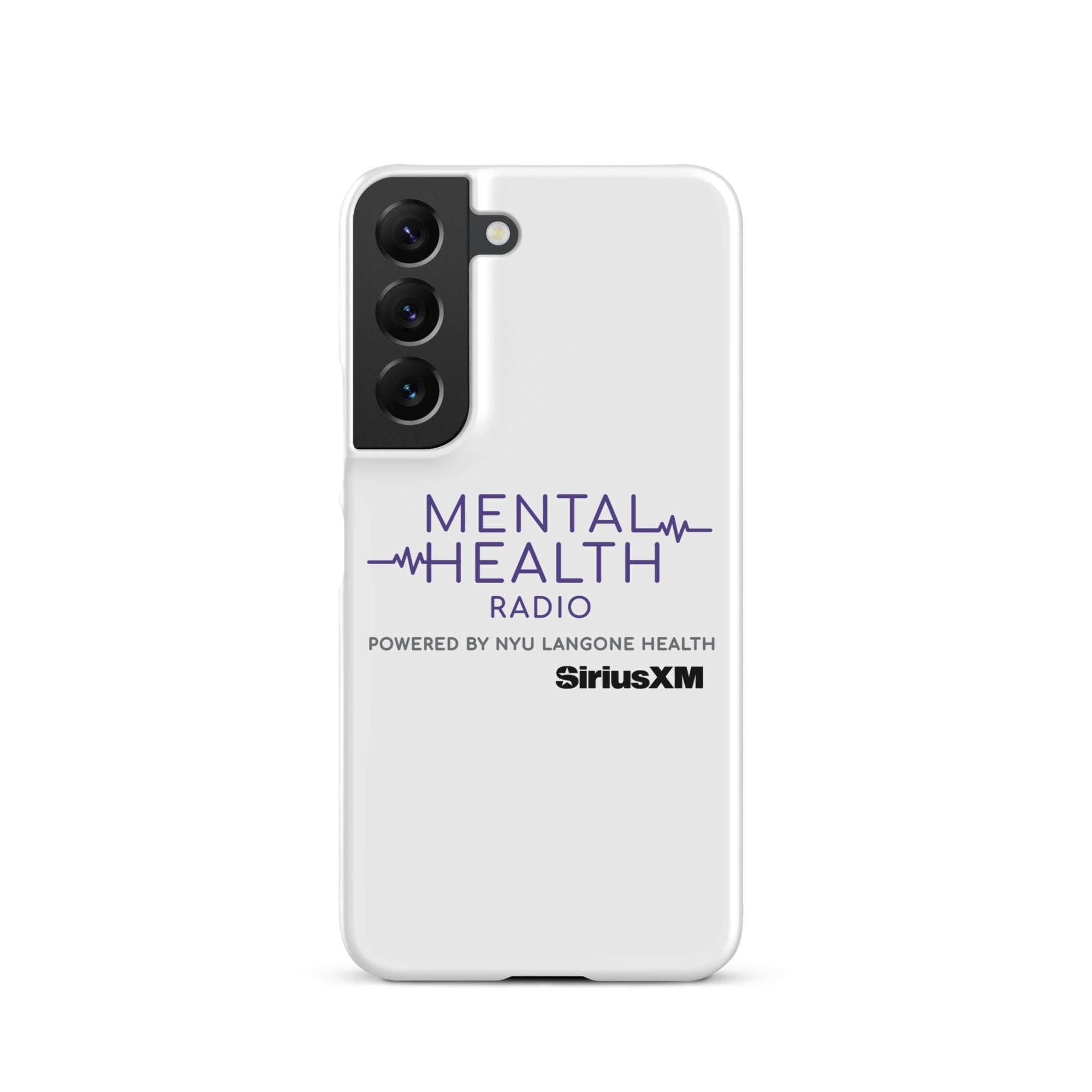 White phone case featuring 'MENTAL HEALTH RADIO powered by NYU Langone Health' logo and 'SiriusXM' branding.