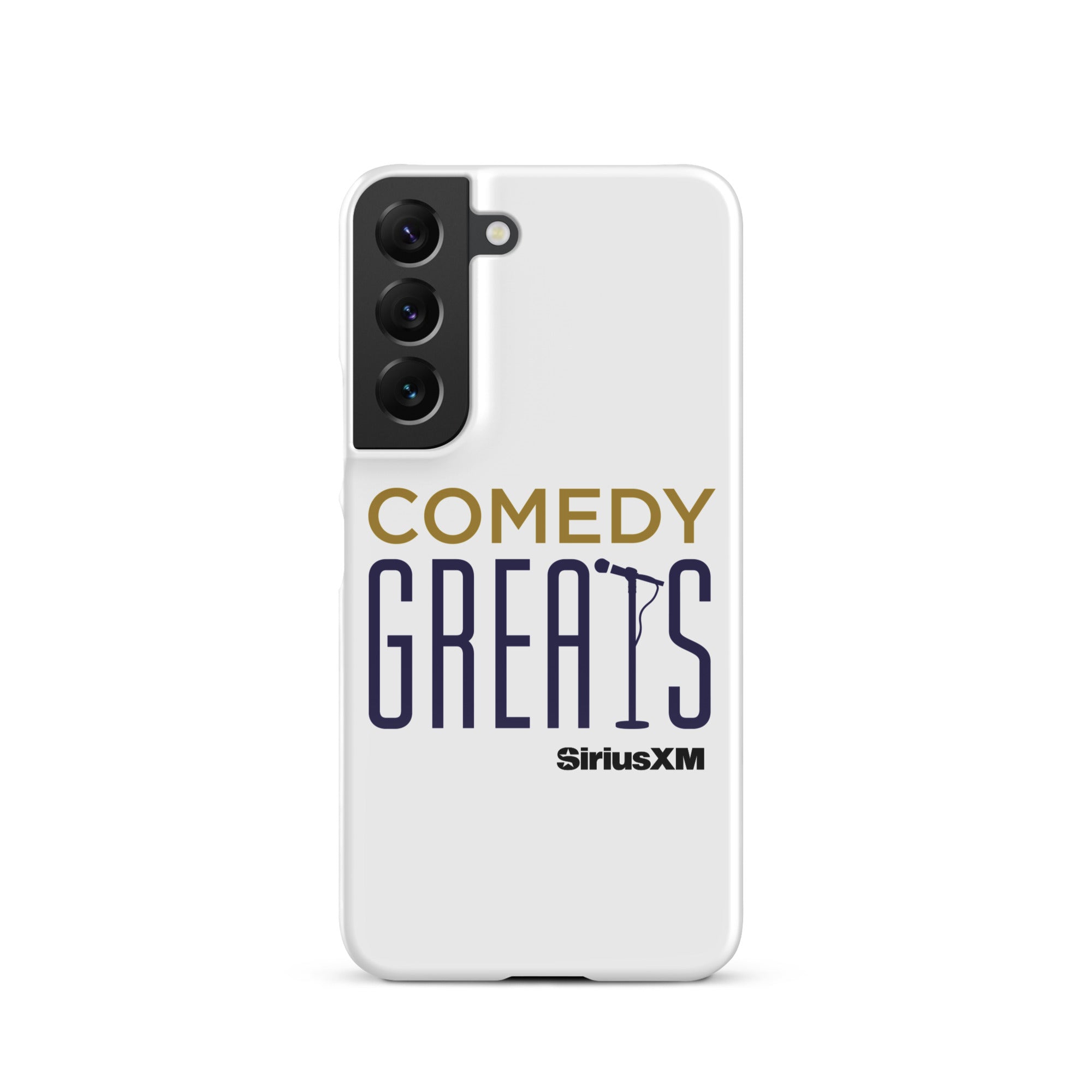 White phone case with 'COMEDY GREATS' logo and a microphone icon, featuring the 'SiriusXM' logo.