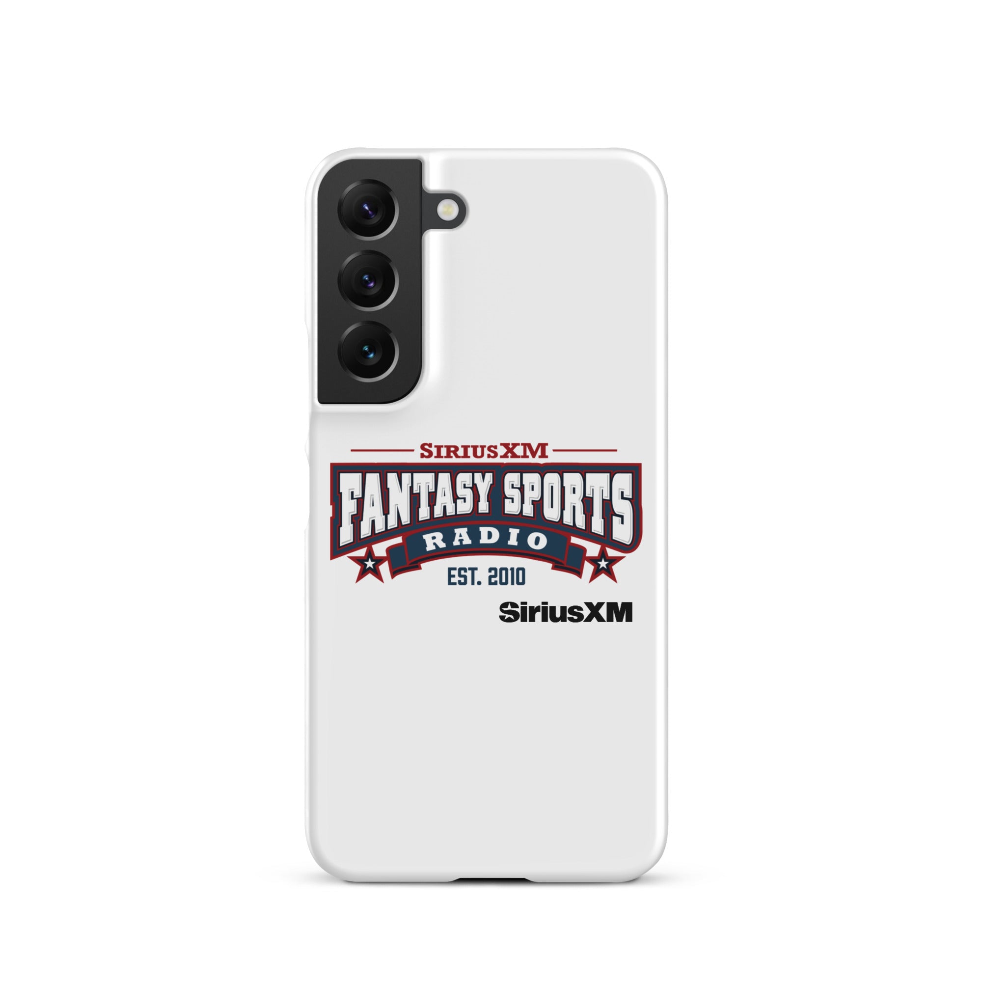 White phone case with 'SiriusXM Fantasy Sports Radio established 2010' logo, featuring red and blue design elements.