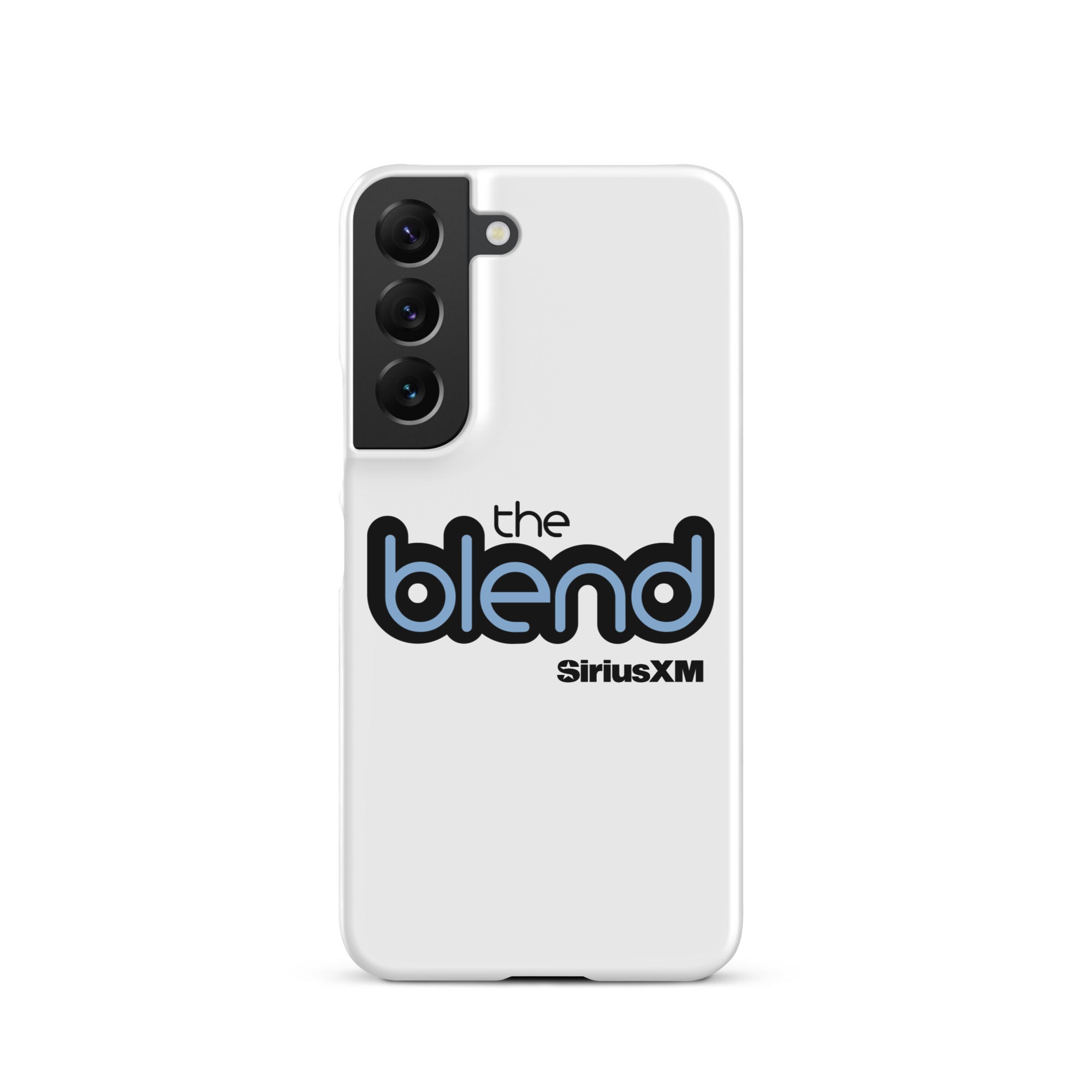 White phone case featuring the logo 'the blend' and 'SiriusXM' in blue and black text.