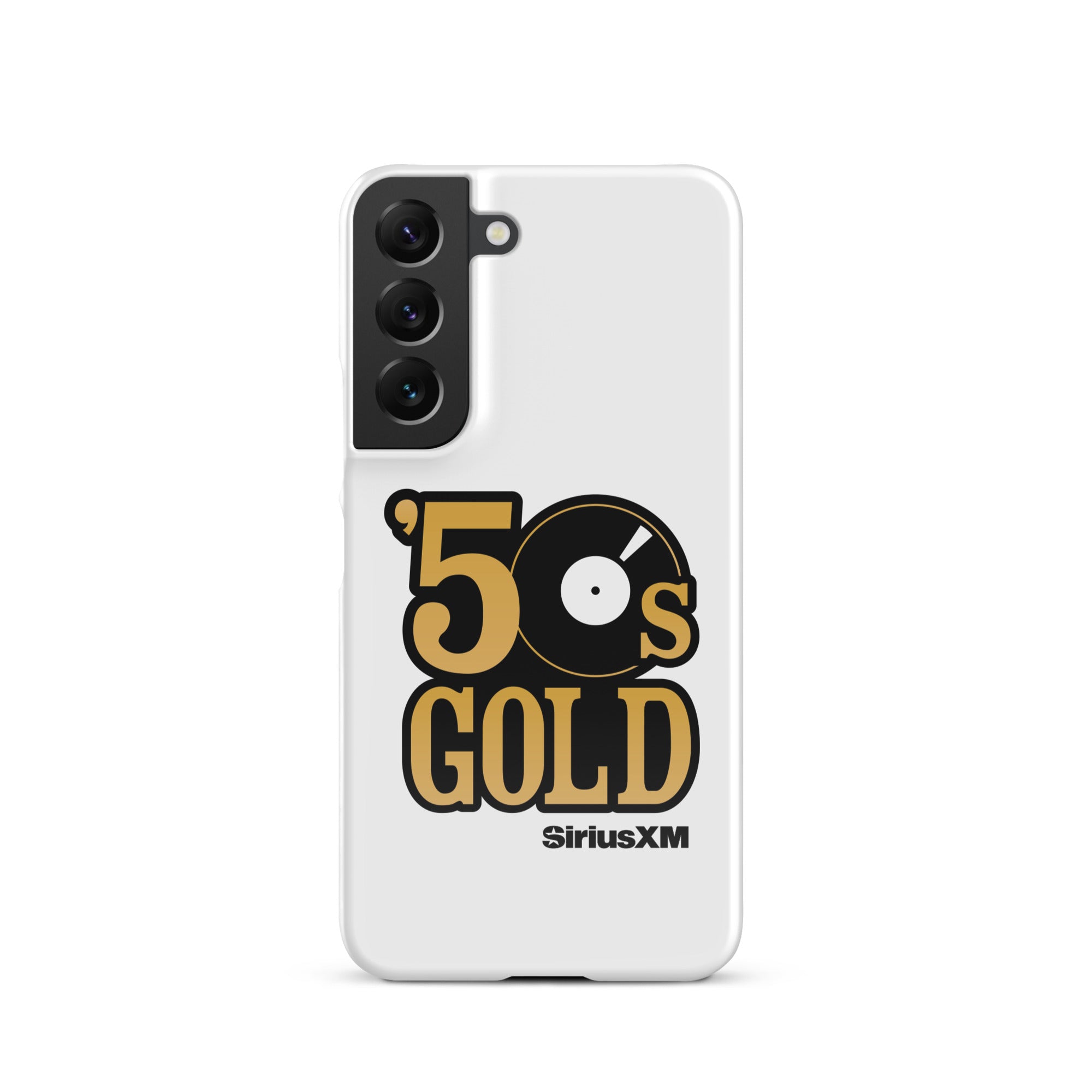 A white phone case featuring '50s GOLD' logo and 'SiriusXM' branding.