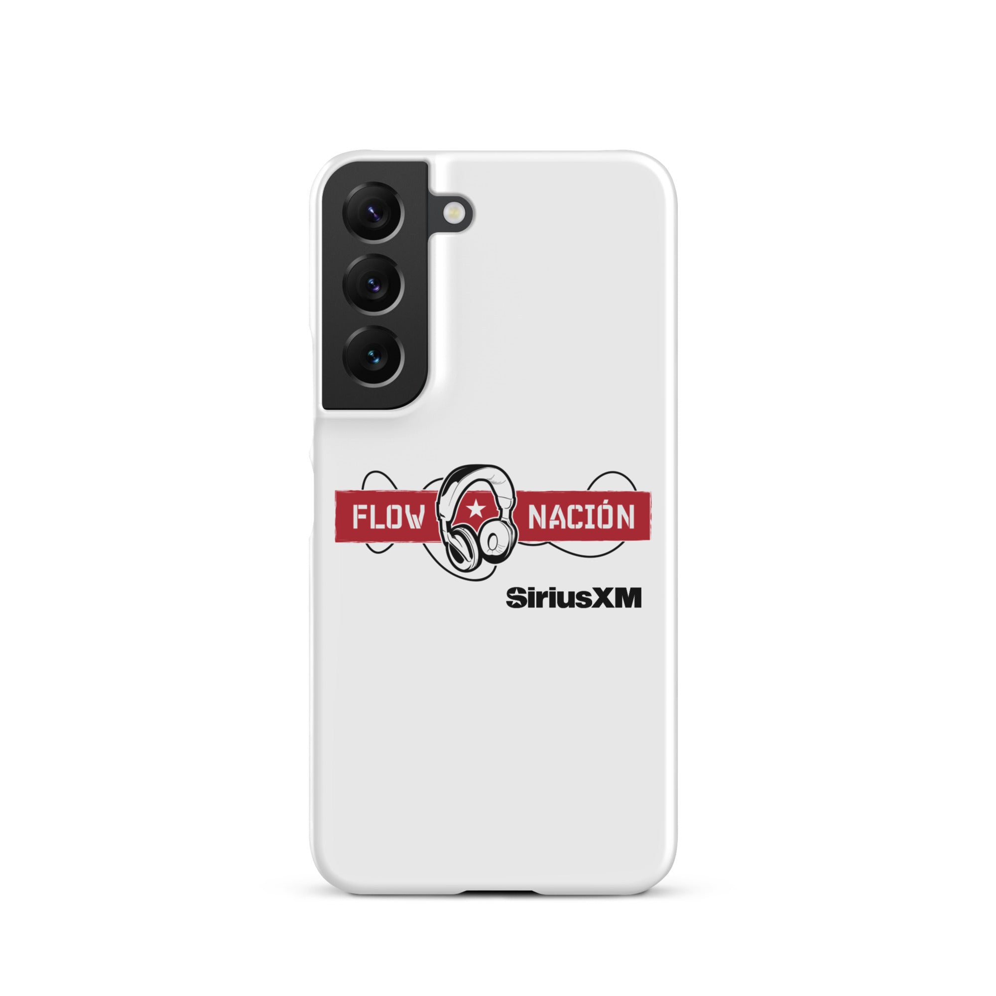 A white phone case featuring the 'FLOW NACIÓN' logo with headphones and the 'SiriusXM' branding.