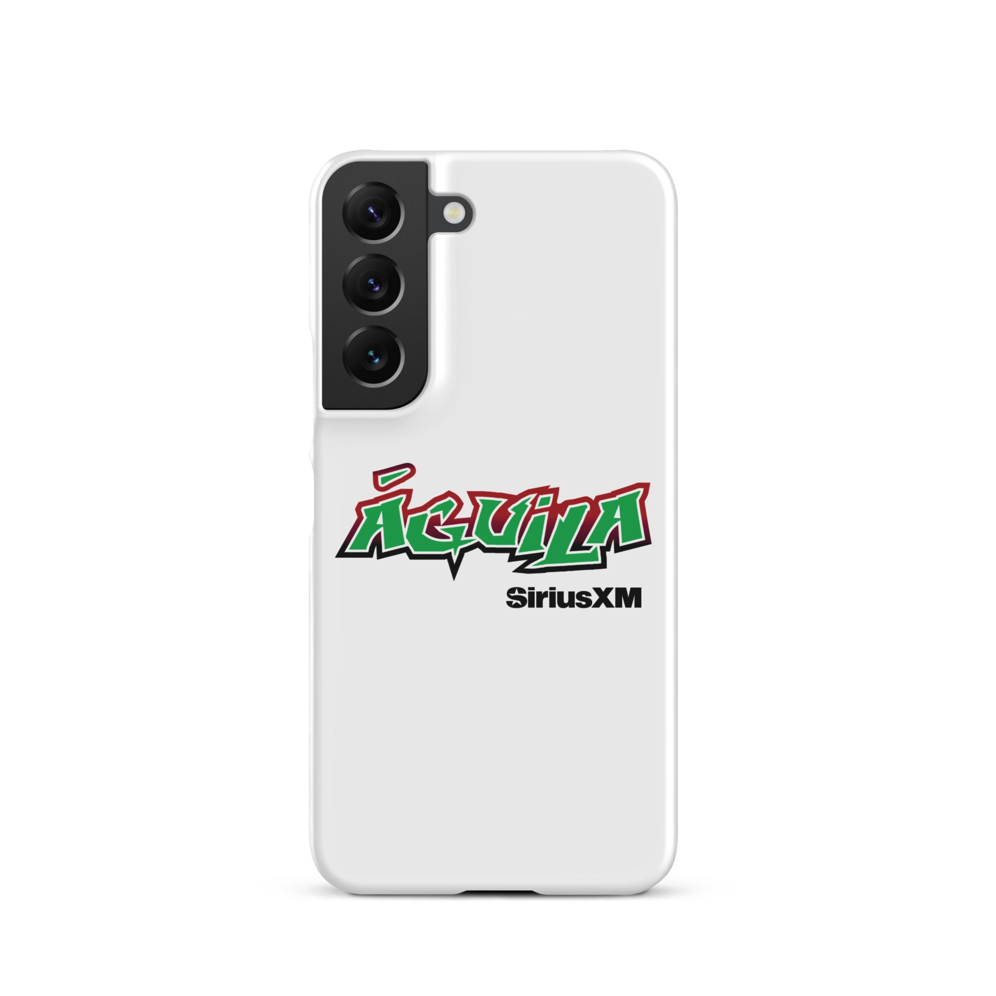 White smartphone case featuring 'Águila' in green and red text with 'SiriusXM' below.