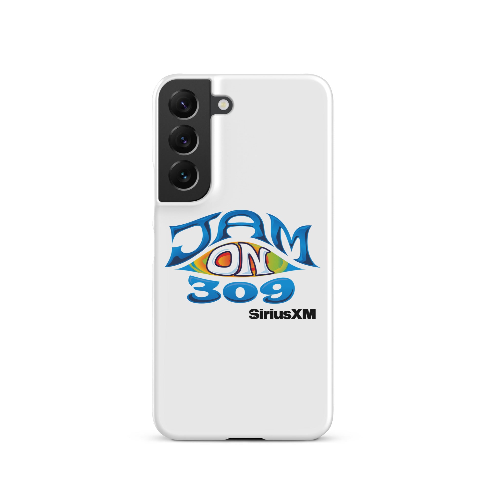 White phone case featuring 'JAM ON 309' logo and 'SiriusXM' text in blue and colorful design.