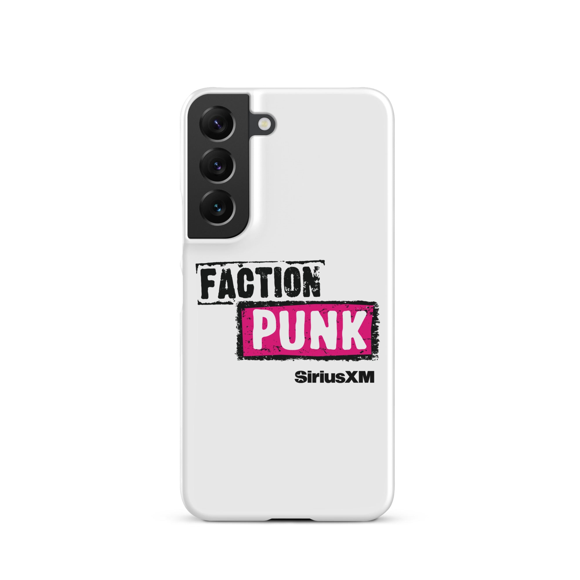 A white phone case with the words 'FACTION PUNK' in bold black and pink lettering and 'SiriusXM' branding.