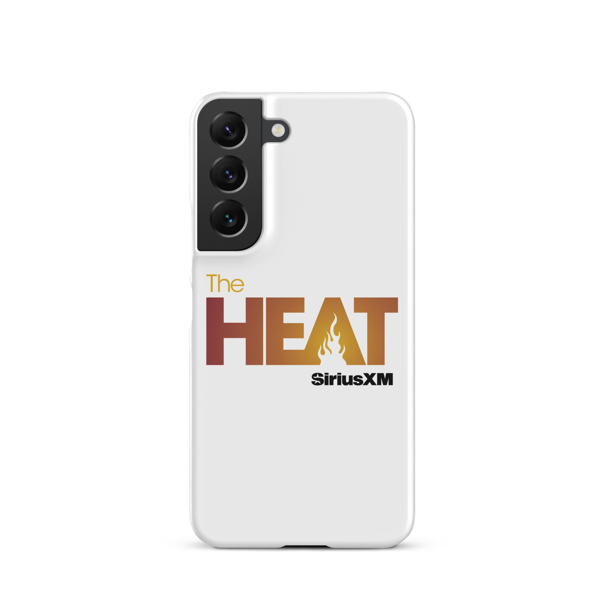 White phone case featuring 'The HEAT' logo with a flame design in orange and red hues and 'SiriusXM' branding.