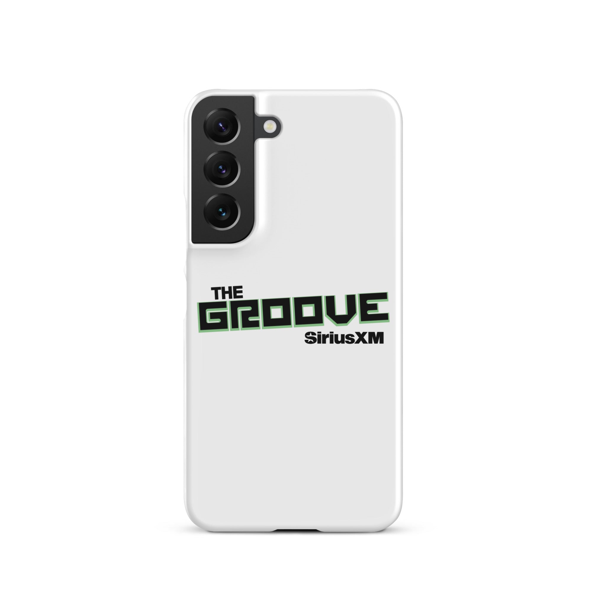 White phone case featuring 'THE GROOVE' and 'SiriusXM' logos in green and black.