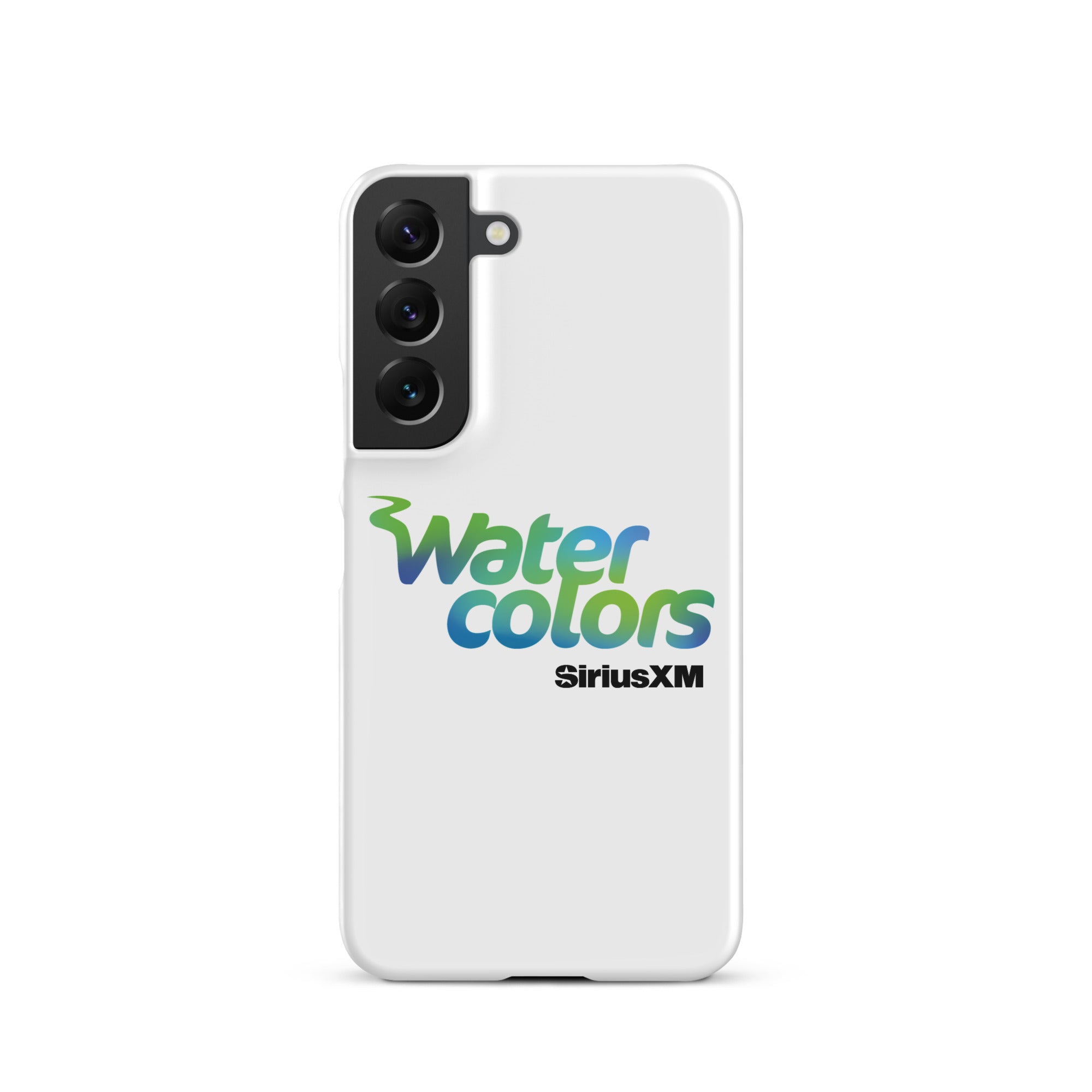 White smartphone case with 'Water colors' logo in blue and green, and 'SiriusXM' in black.