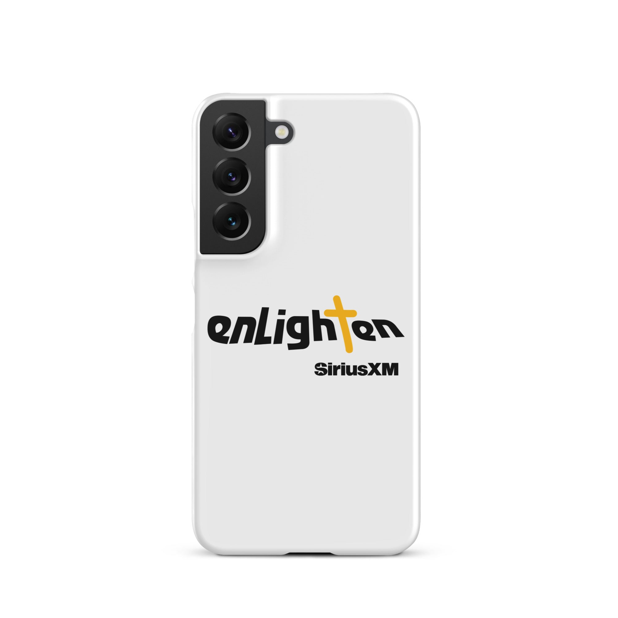 White smartphone case featuring 'enLighten' with black text and a yellow cross and 'SiriusXM' text.