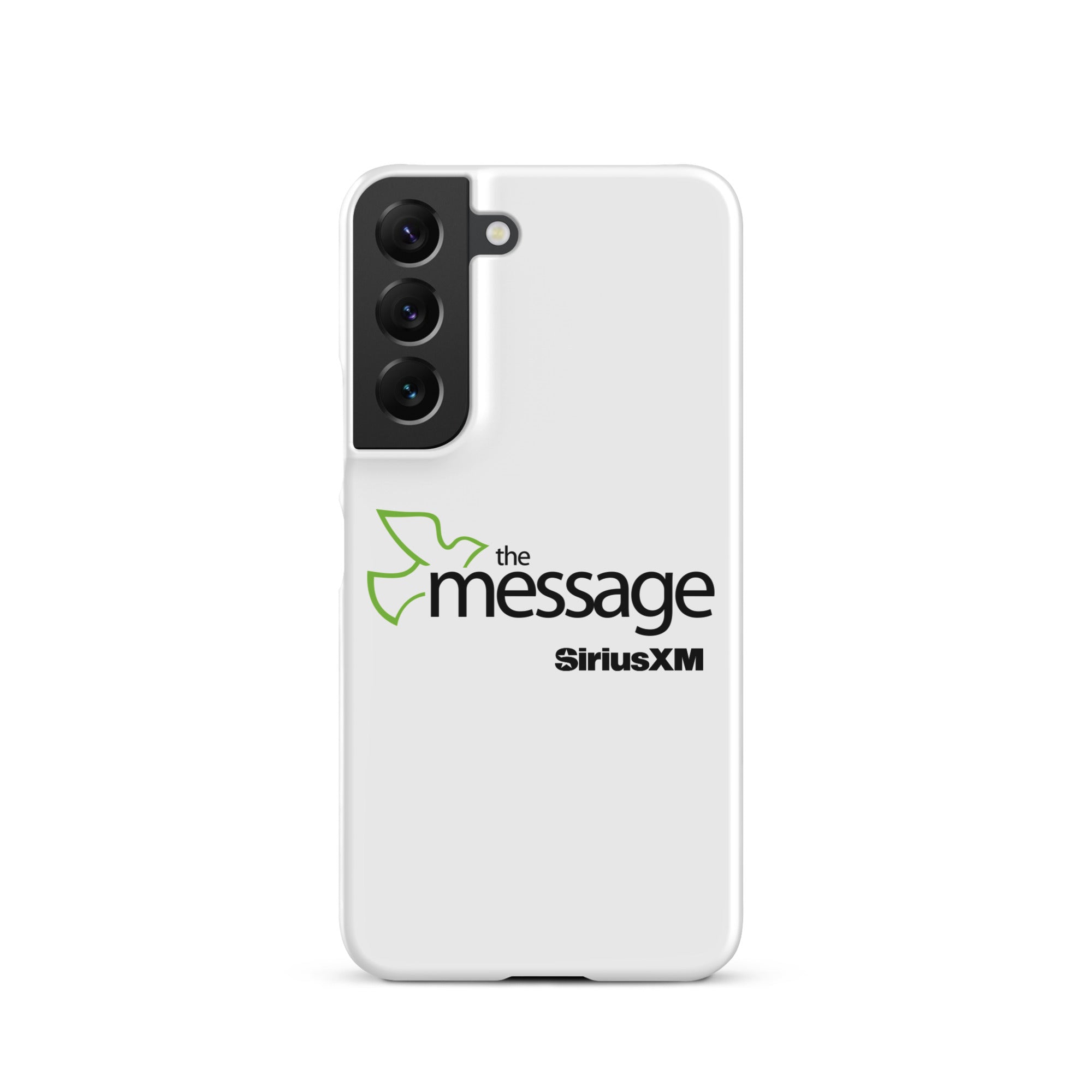 White phone case featuring 'the message' logo alongside 'SiriusXM' branding.