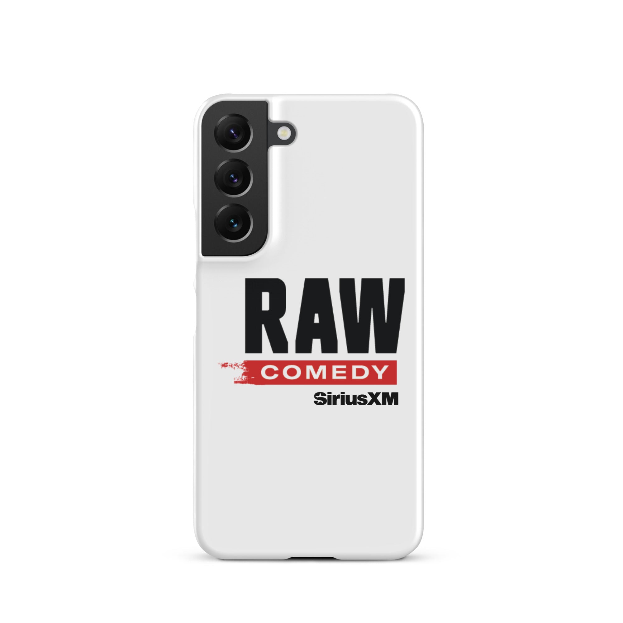 RAW COMEDY' logo and 'SiriusXM' branding featured on a white phone case.