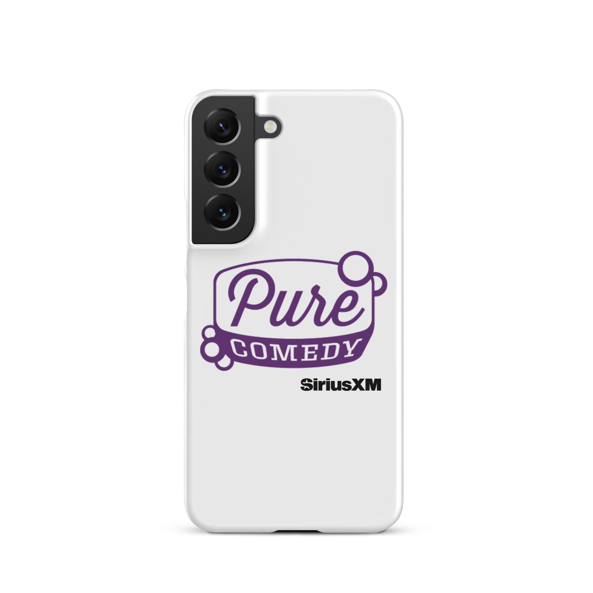 White phone case featuring 'Pure Comedy' in purple text and the 'SiriusXM' logo.