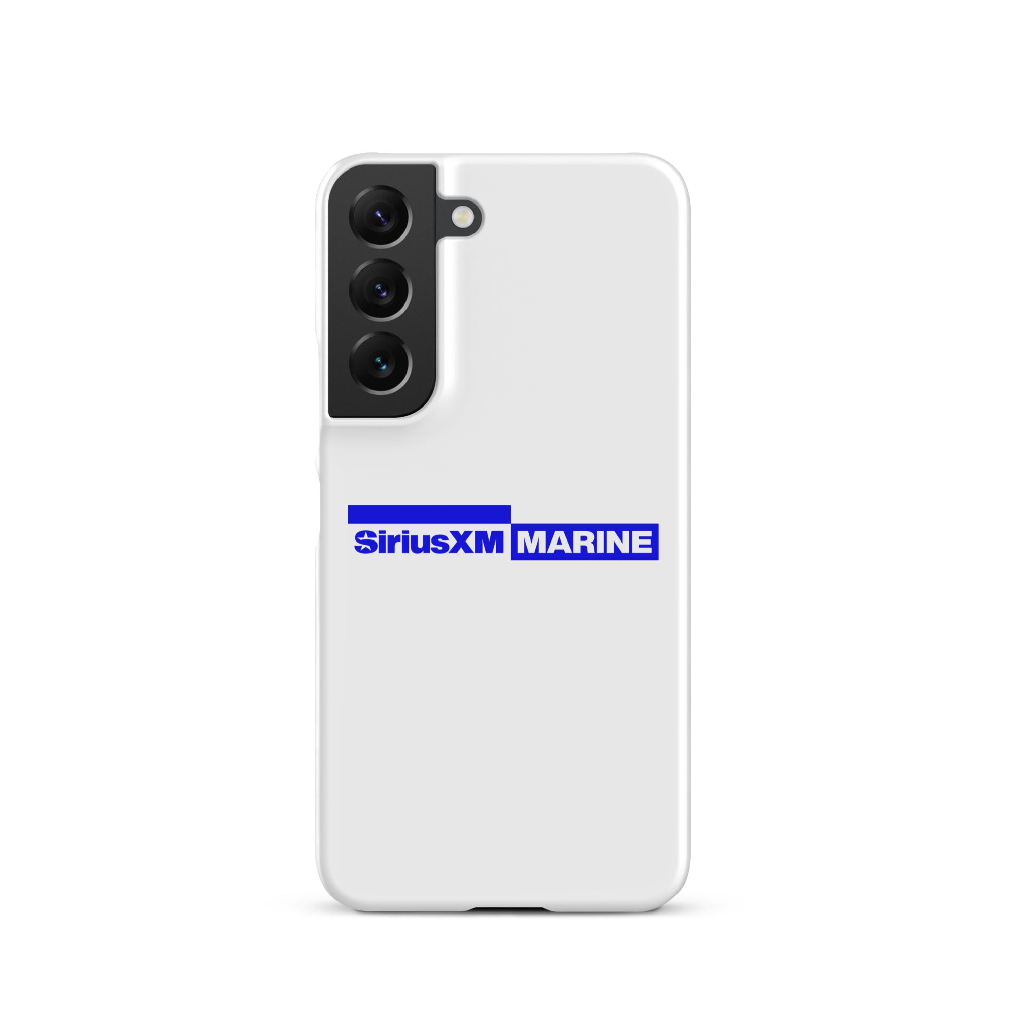 White phone case featuring the SiriusXM Marine logo in blue.