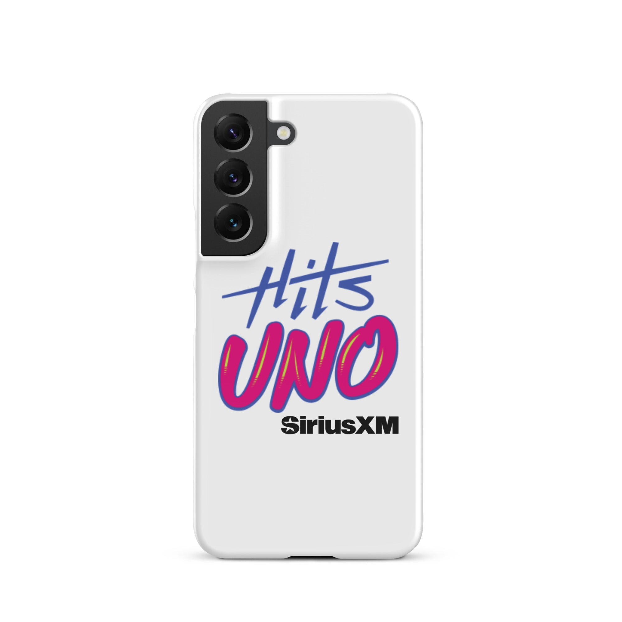 Phone case design featuring 'Hits UNO' and 'SiriusXM' in vibrant blue and pink colors on a white background.