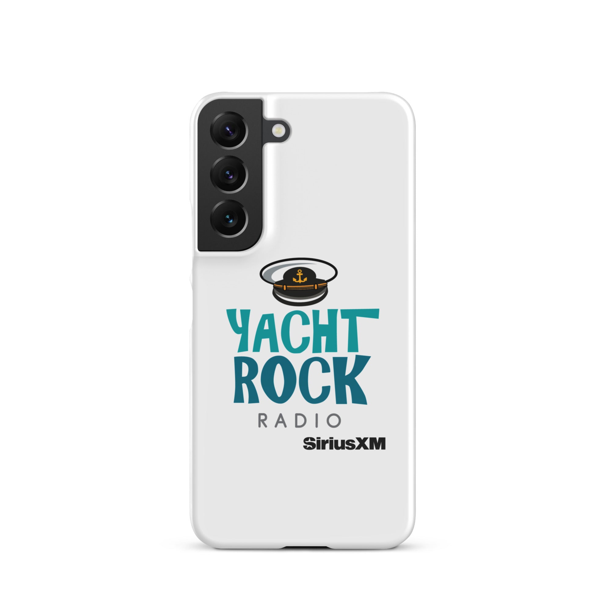 White phone case featuring 'Yacht Rock Radio' logo with a captain's hat and 'SiriusXM' branding.