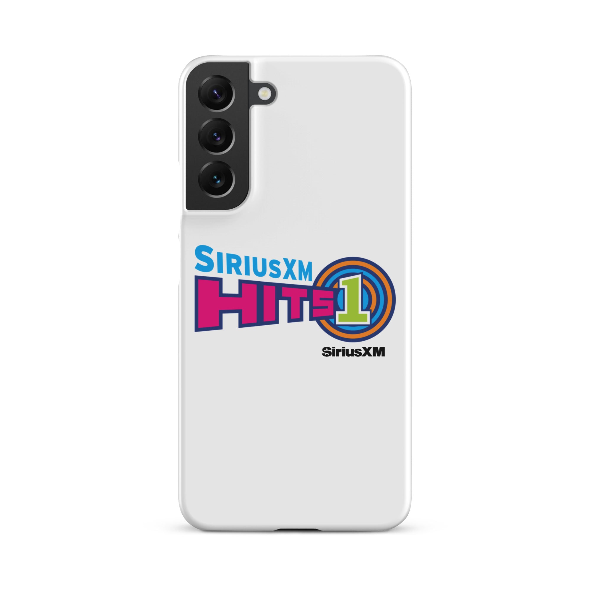 White phone case with 'SiriusXM Hits 1' logo, featuring colors pink, blue, and green design elements and 'SiriusXM' branding.