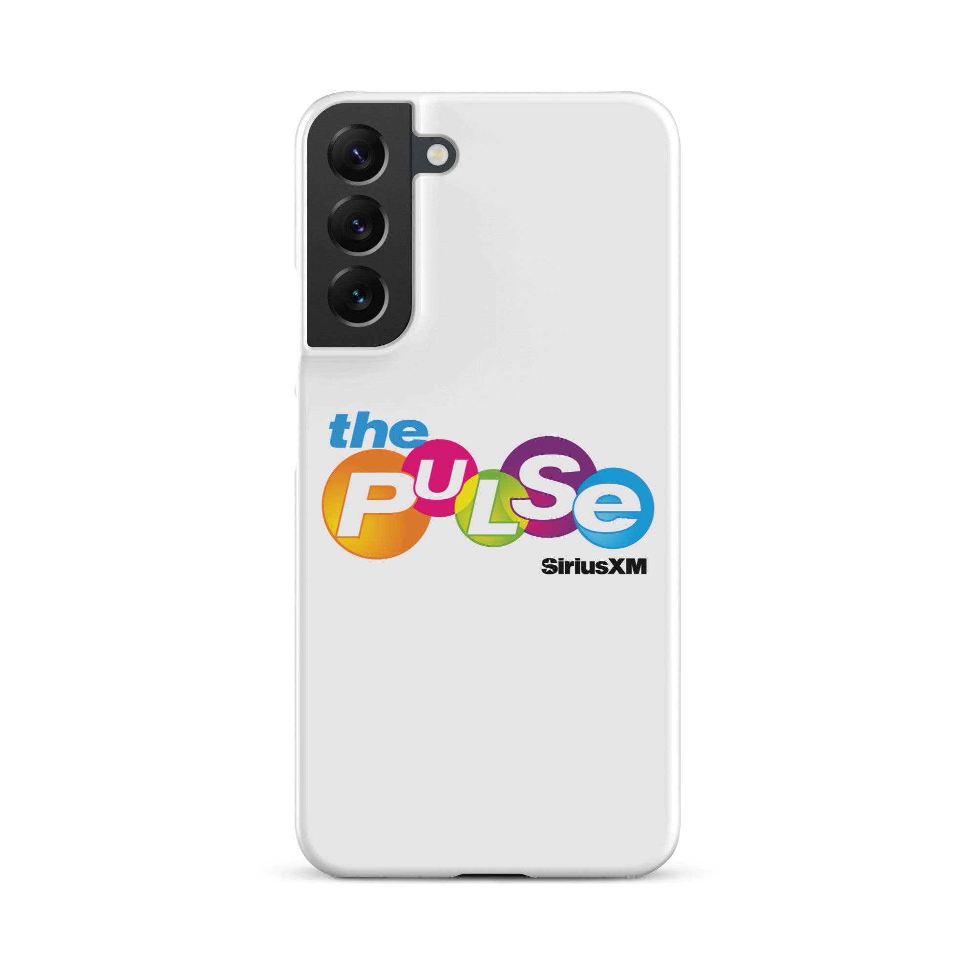 A white phone case featuring the colorful logo 'the PULSe SiriusXM.'