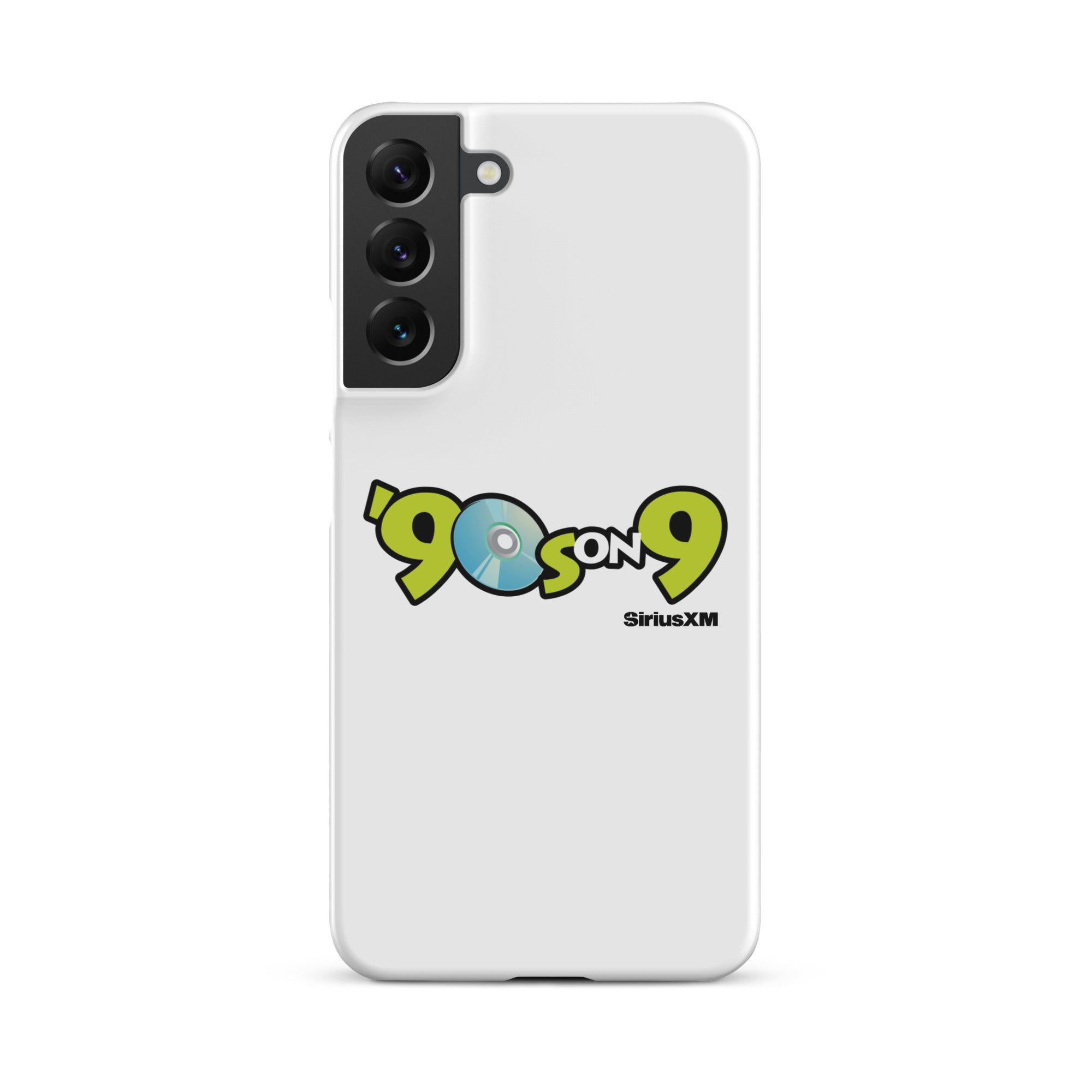 White phone case featuring the '90s on 9 SiriusXM' logo with a blue disc icon.