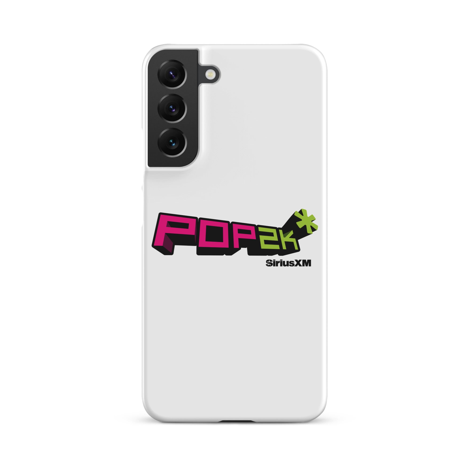 White phone case featuring the 'POP2K' logo with 'SiriusXM' branding in bold pink and green colors.