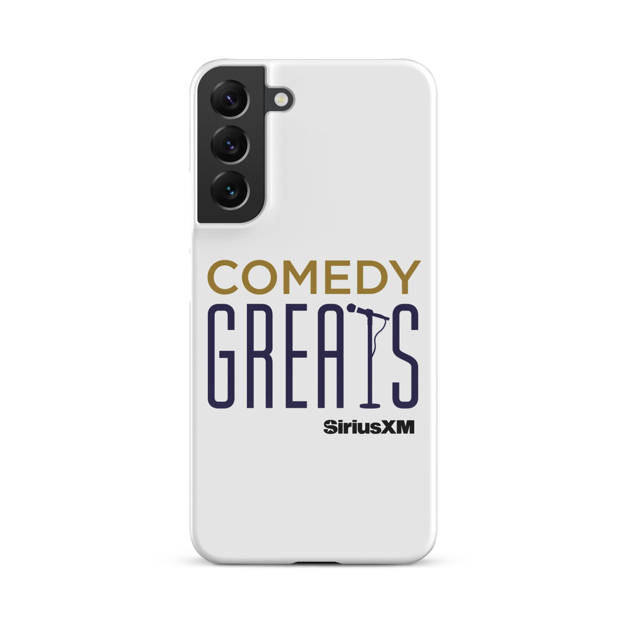 White phone case with 'COMEDY GREATS' logo and a microphone icon, featuring the 'SiriusXM' logo.