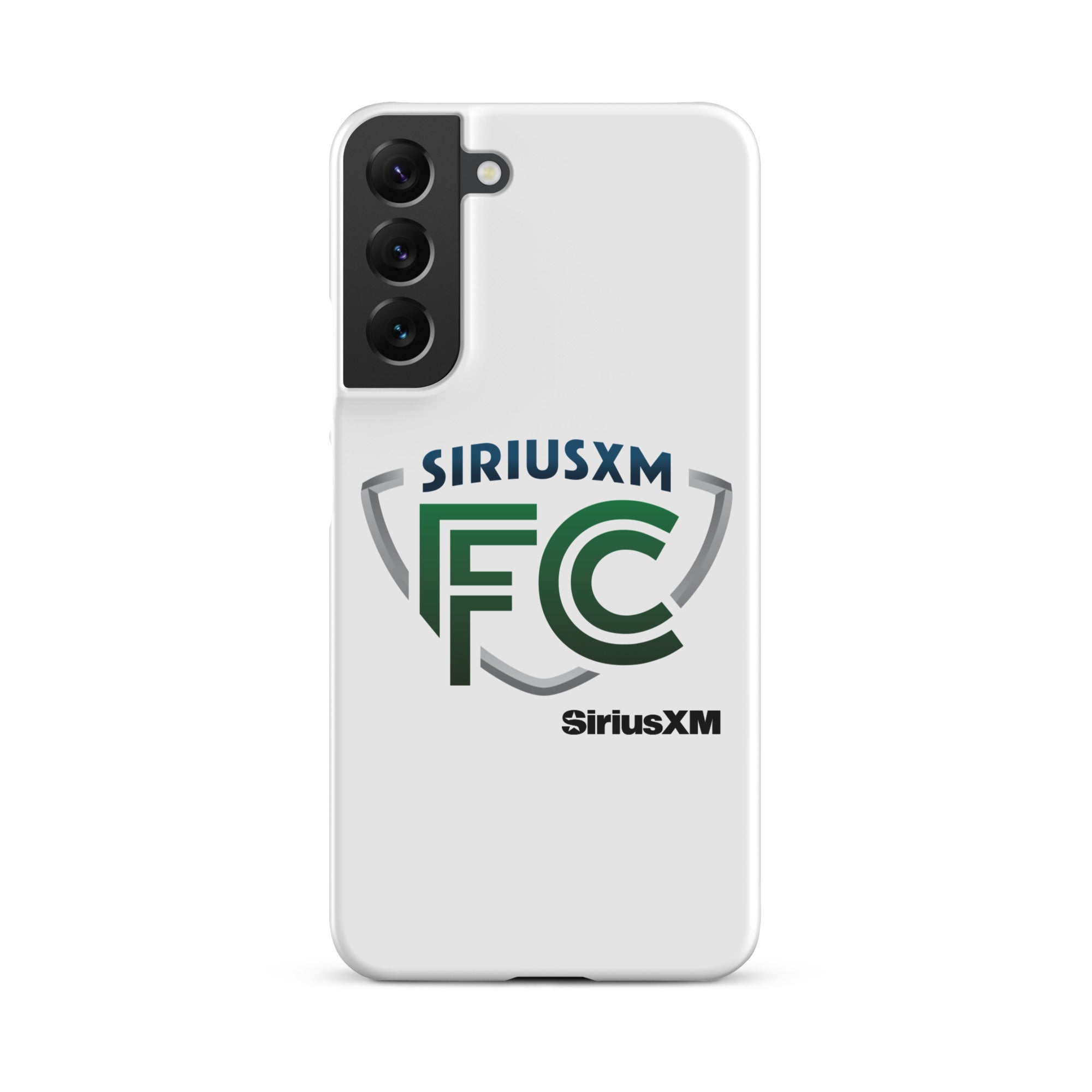 White phone case featuring 'SiriusXM FC' logo in green and blue.