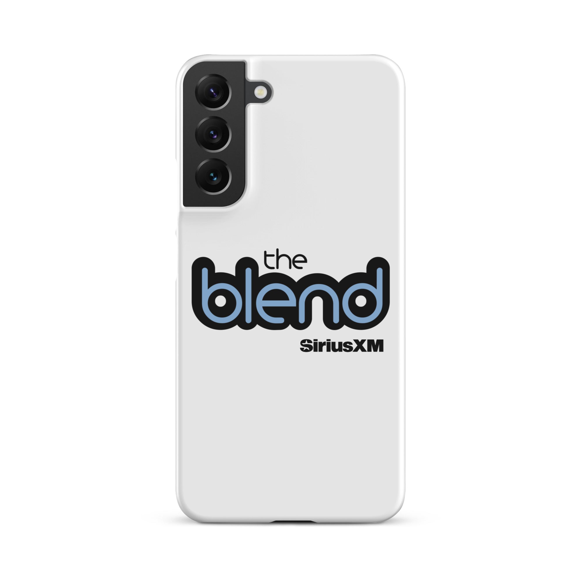 White phone case featuring the logo 'the blend' and 'SiriusXM' in blue and black text.