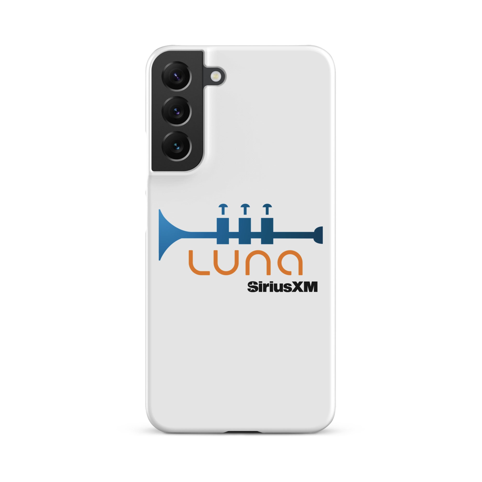 White phone case featuring a blue trumpet graphic and the logo 'LUNA SiriusXM' in orange and black.