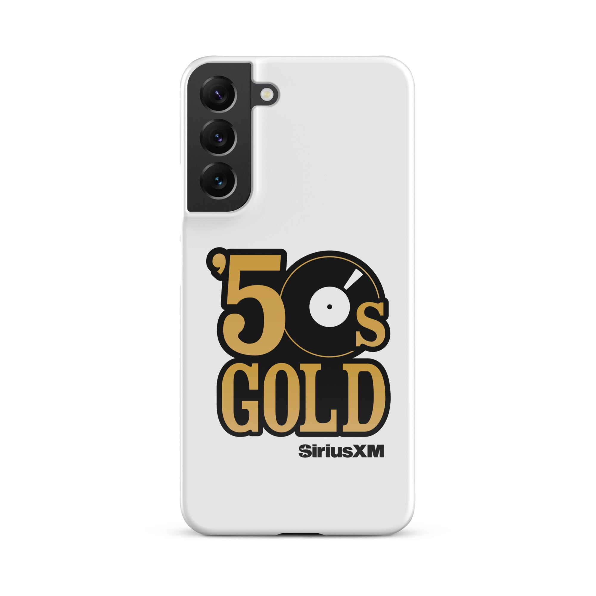 A white phone case featuring '50s GOLD' logo and 'SiriusXM' branding.