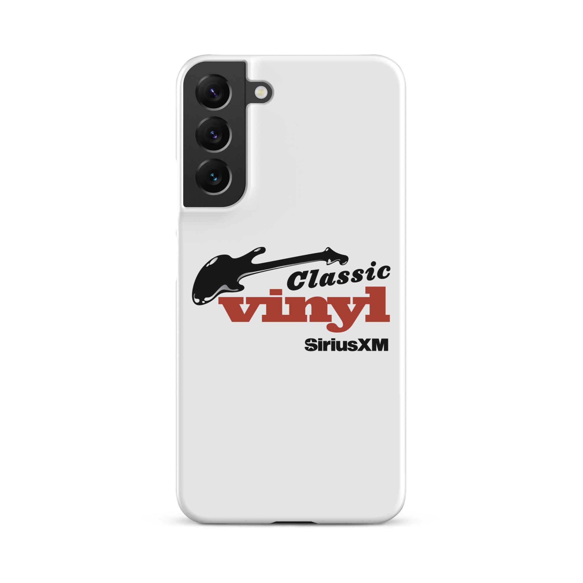 White phone case featuring 'Classic Vinyl' logo in red and black, and a black guitar graphic, with 'SiriusXM' logo.