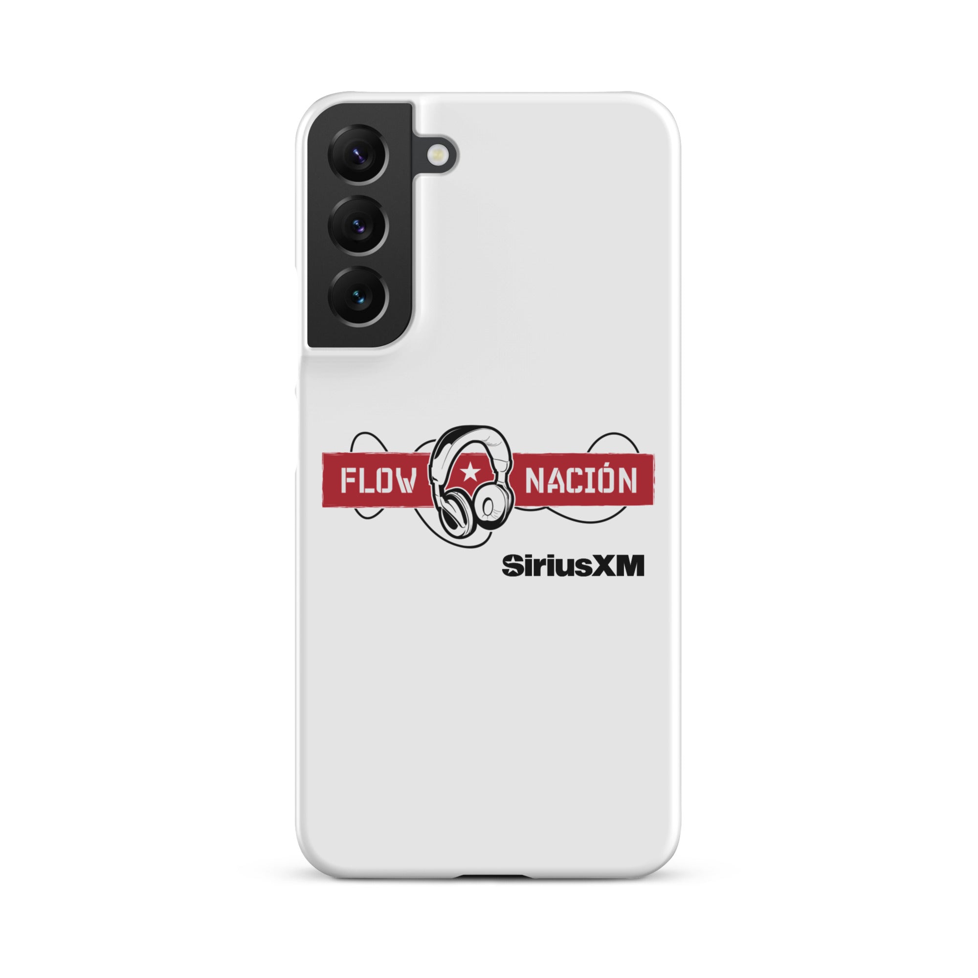 A white phone case featuring the 'FLOW NACIÓN' logo with headphones and the 'SiriusXM' branding.