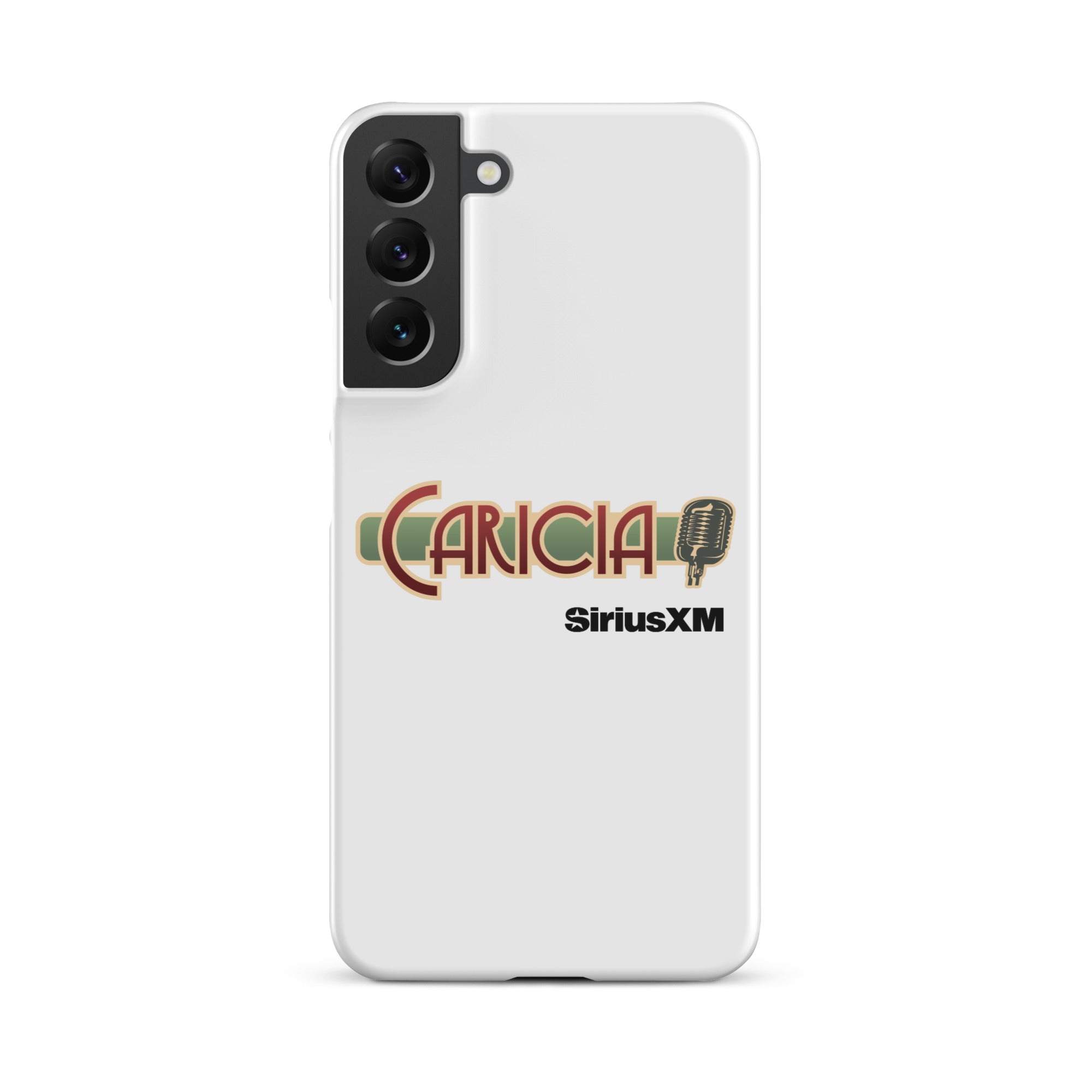 White phone case featuring the text 'CARICIA' and 'SiriusXM' with a microphone graphic.