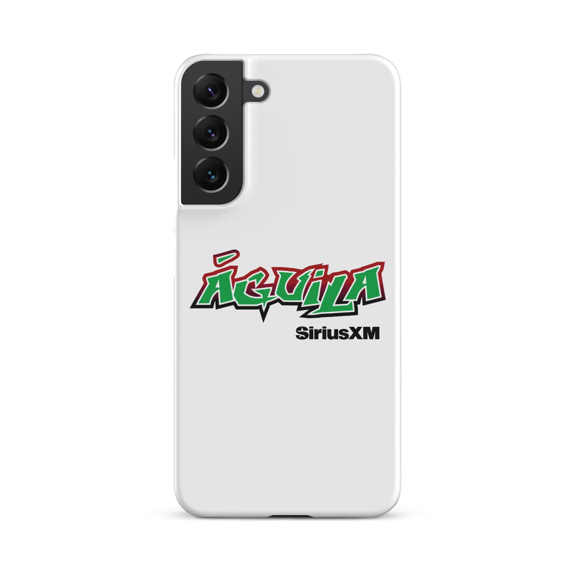 White smartphone case featuring 'Águila' in green and red text with 'SiriusXM' below.