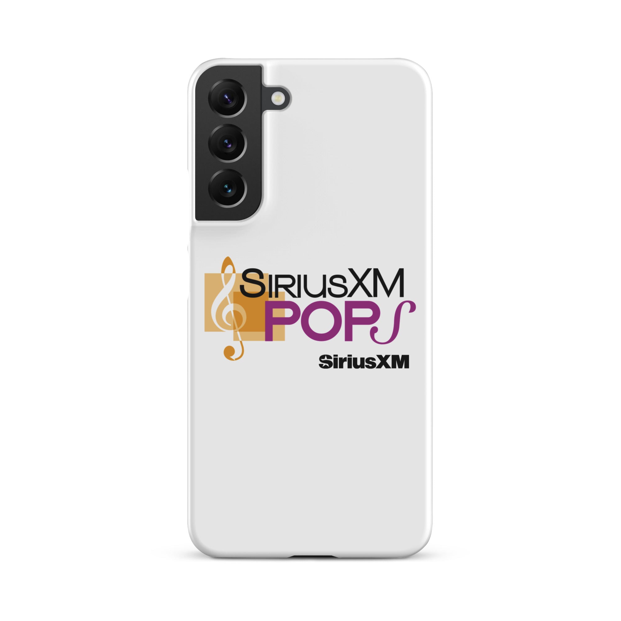 White phone case with 'SiriusXM Pops' logo featuring musical notes and 'SiriusXM' branding.