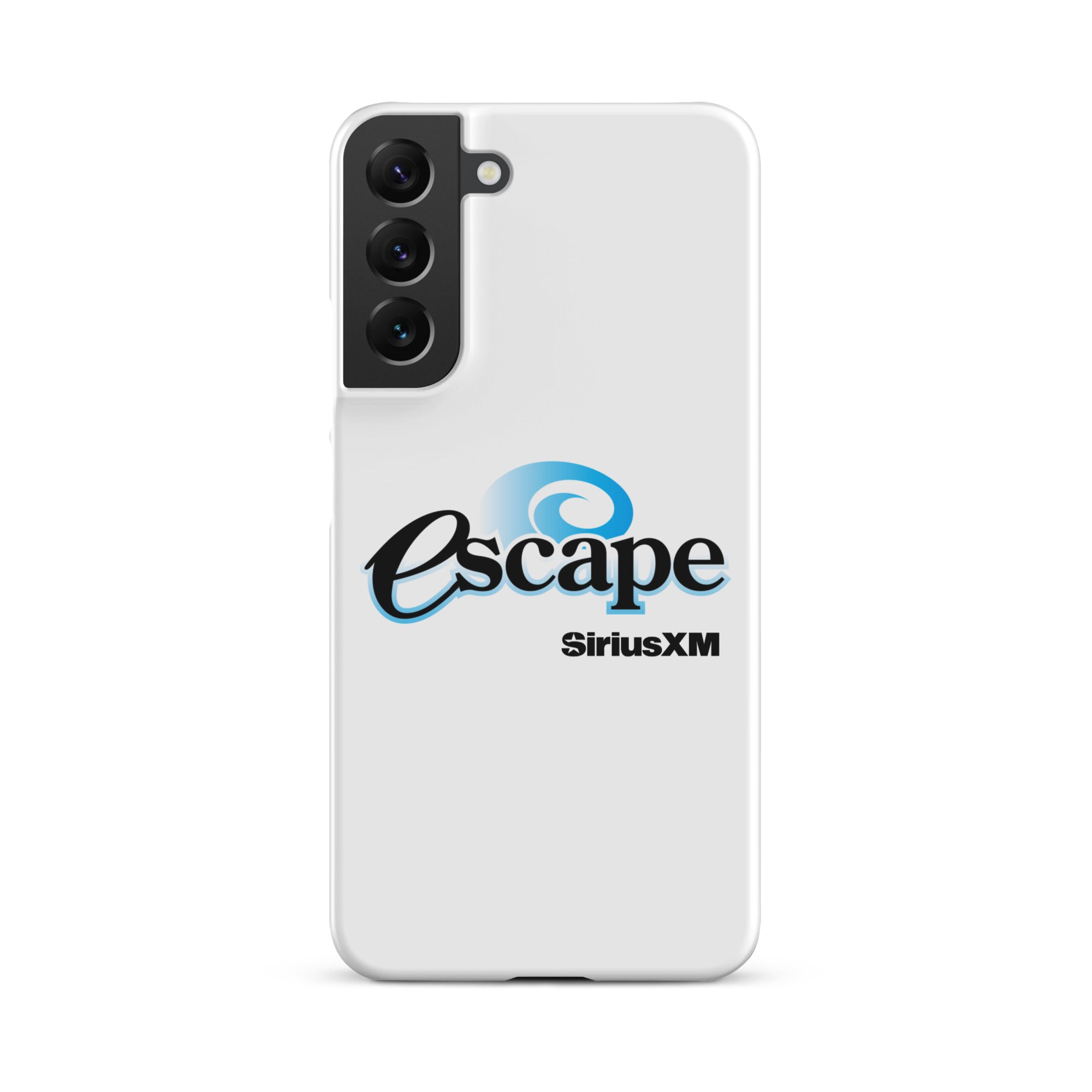 White phone case featuring the 'escape' logo and 'SiriusXM' branding.