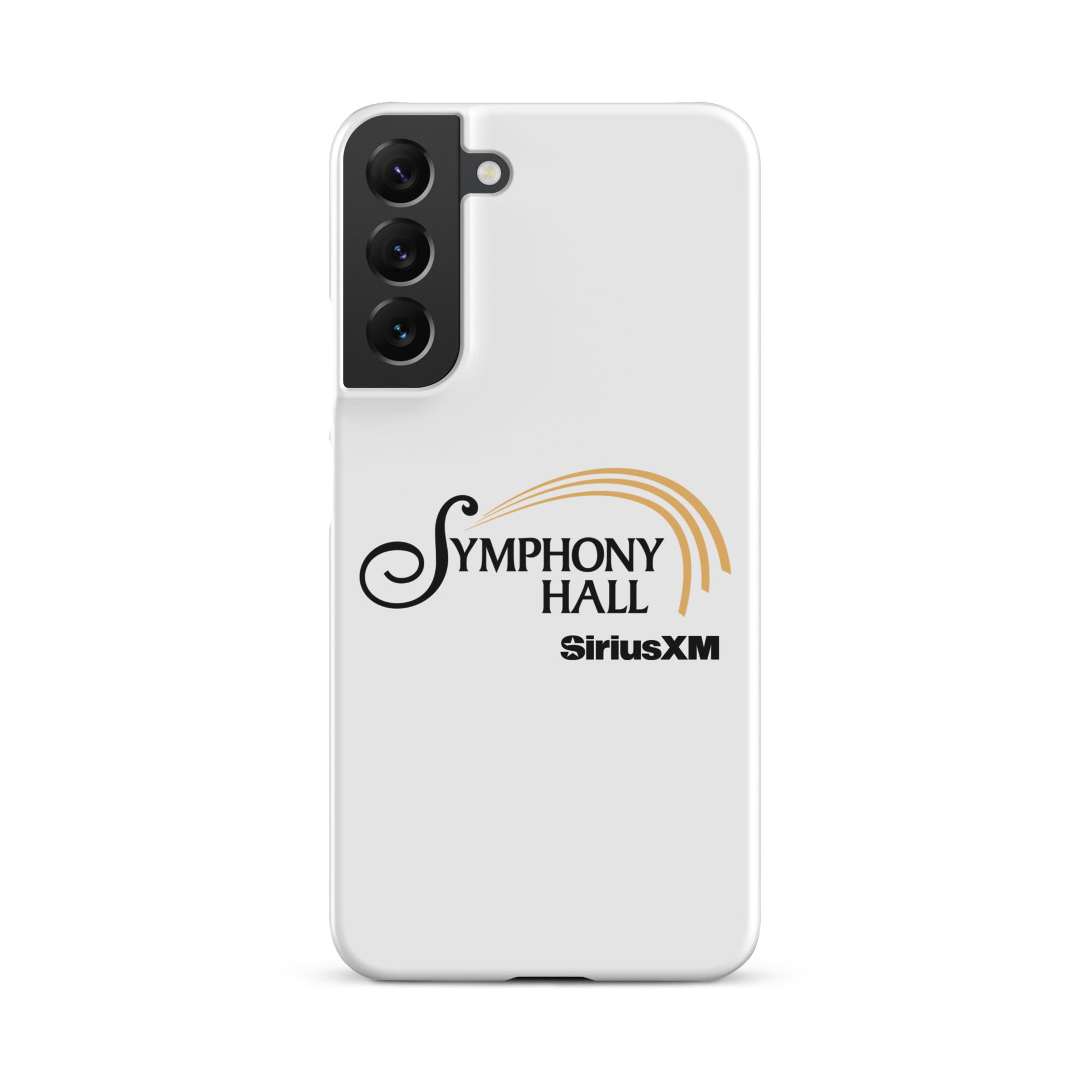 White phone case featuring the words 'Symphony Hall' and 'SiriusXM' in black and gold.